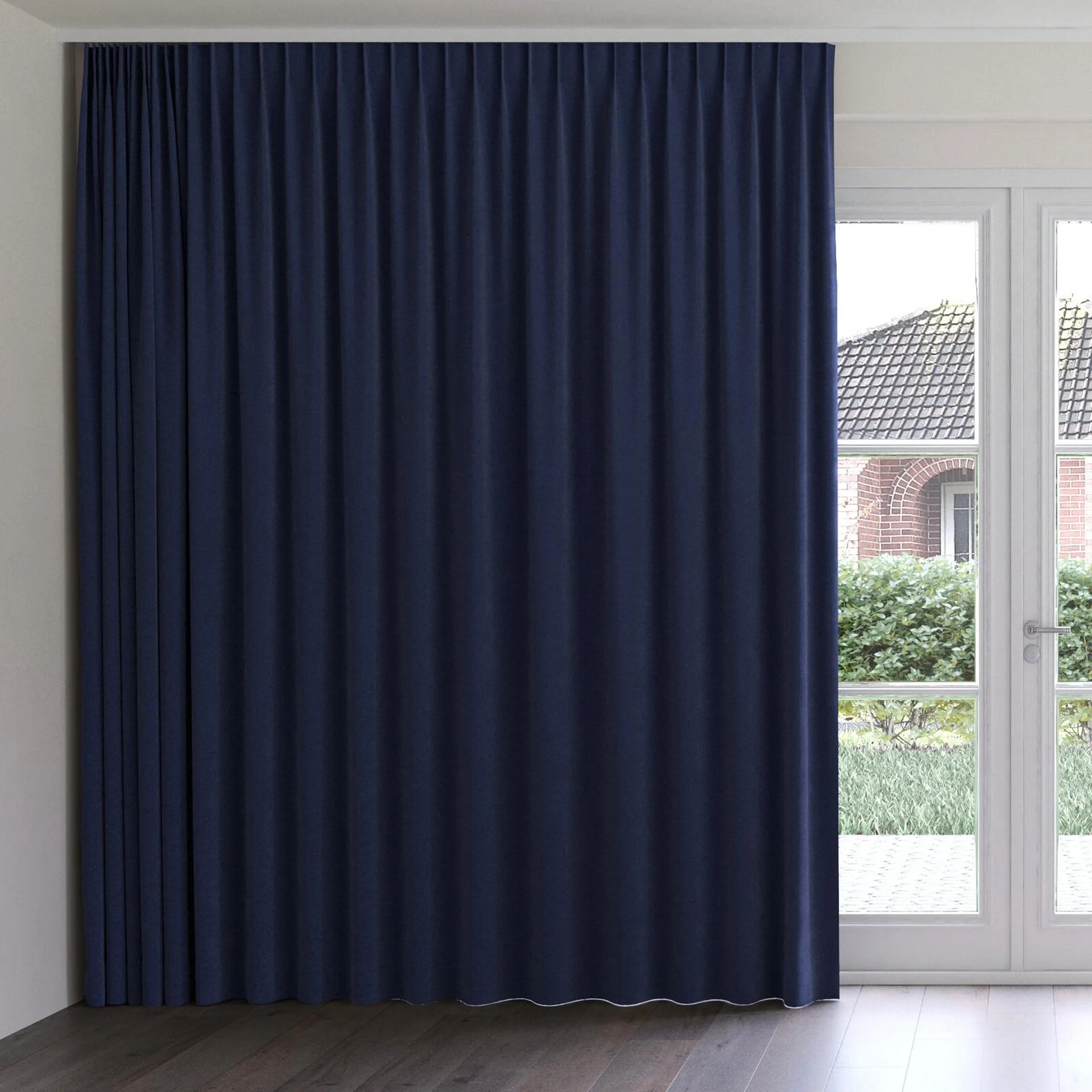 Front view of Verbier Navy, on curtain rail