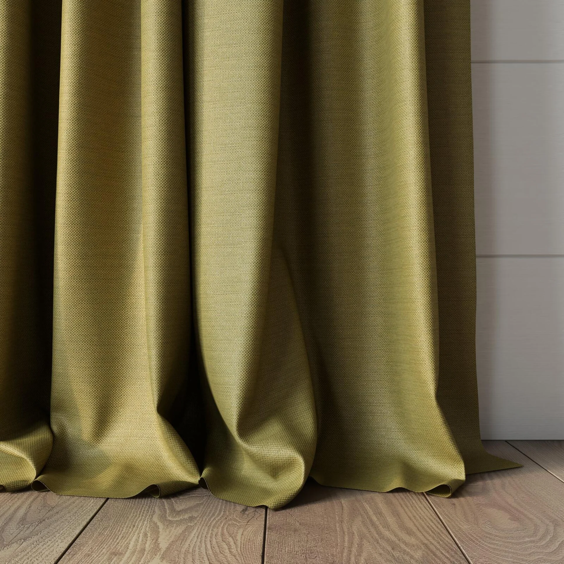 Bottom view of Re-Juvenate Chartreuse, puddled, on curtain rod