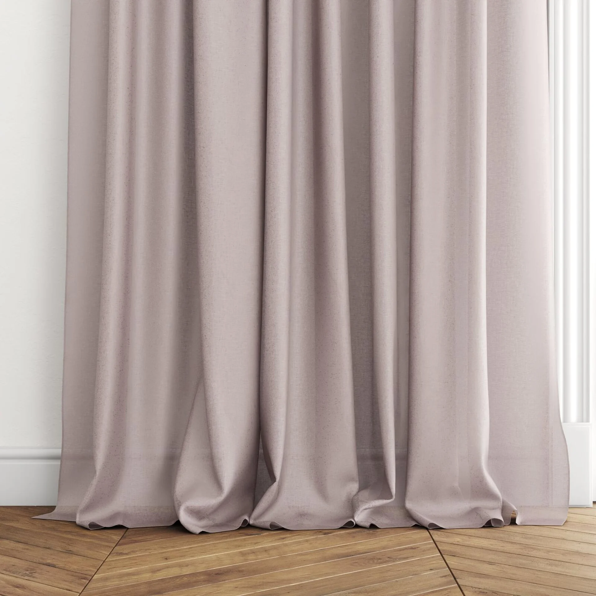 Bottom view of Kanji Wisteria, puddled with pinch pleat, on curtain rod