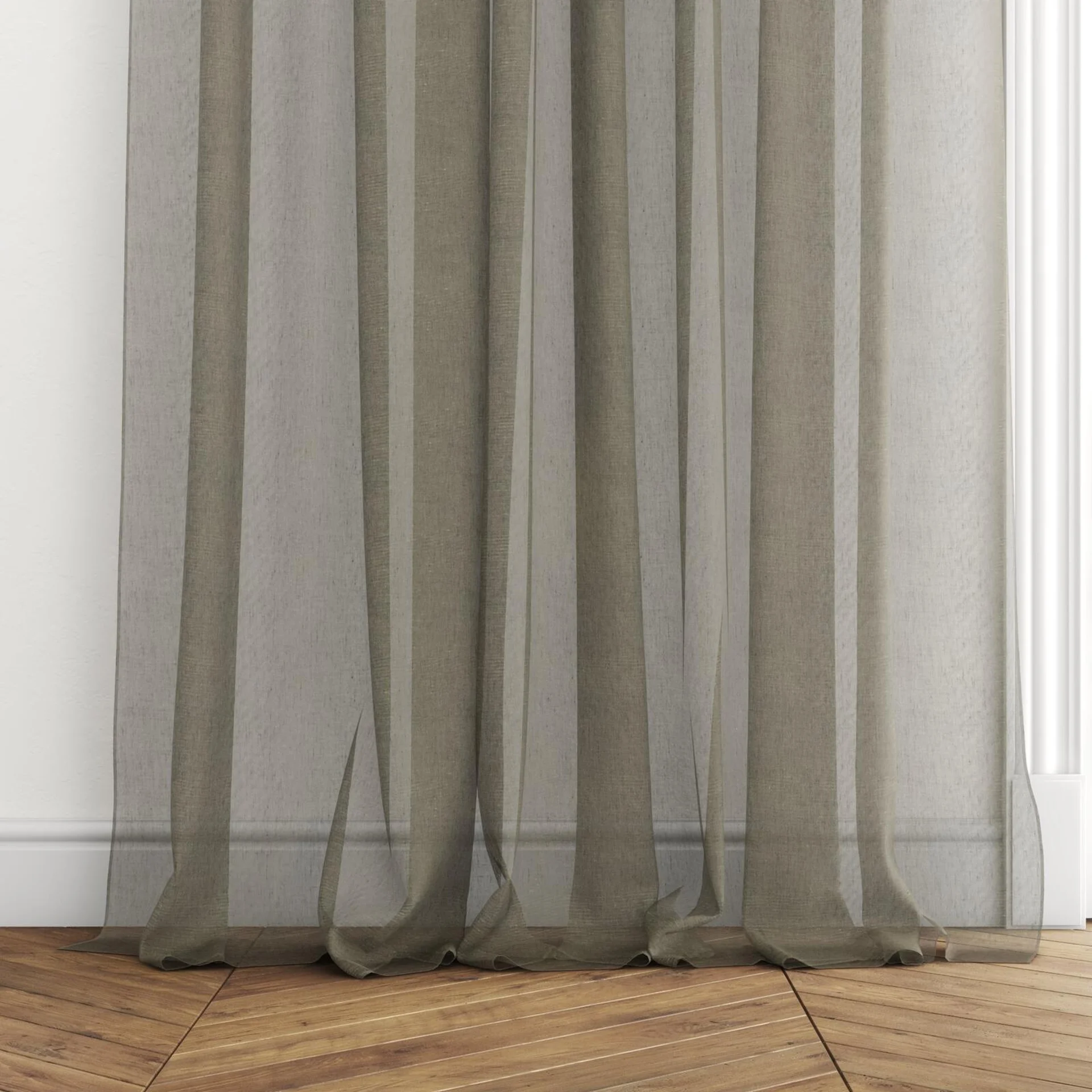 Bottom view of Rhyme Raven, puddled with pinch pleat, on curtain rod