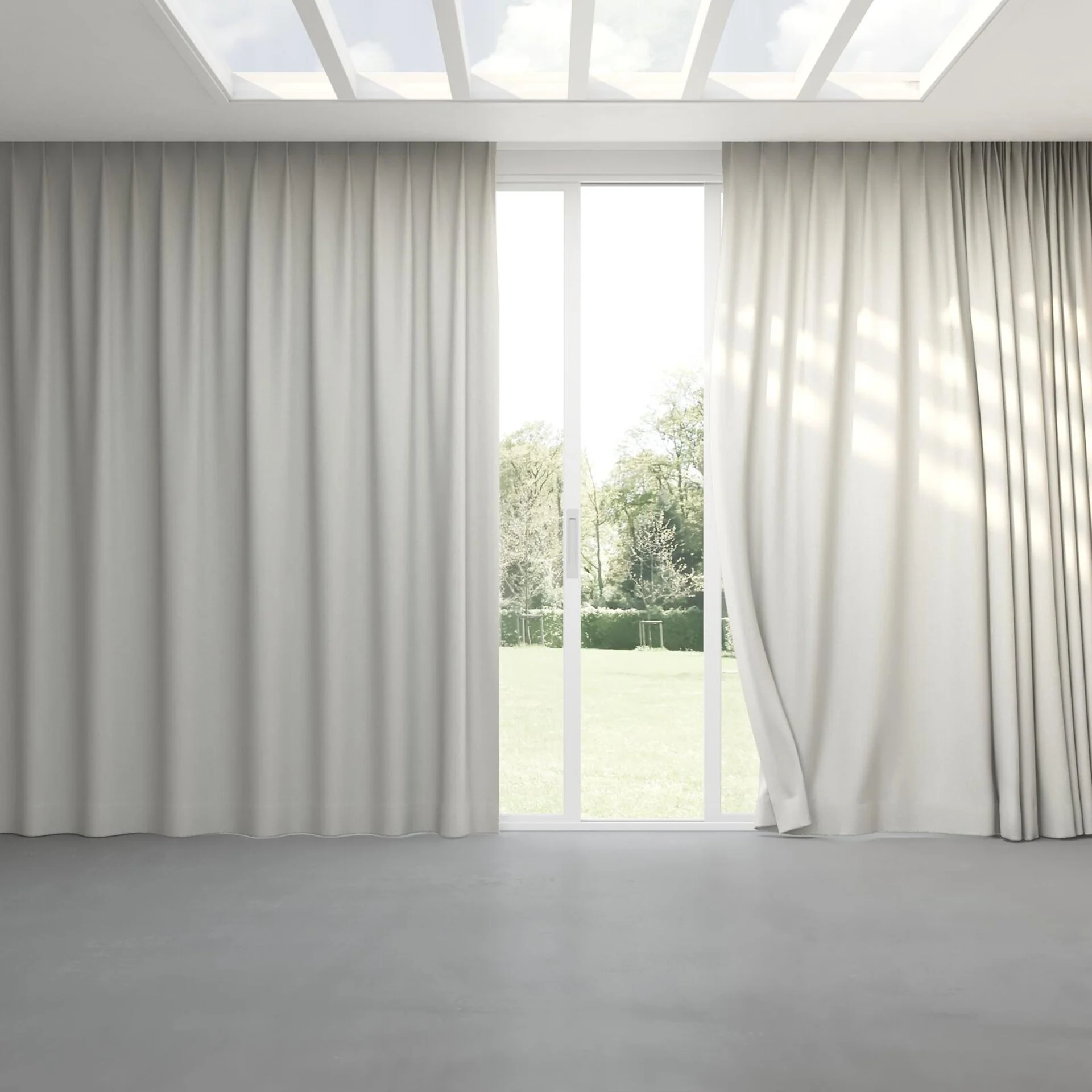 Full view of Retreat II Limestone, pinch pleat