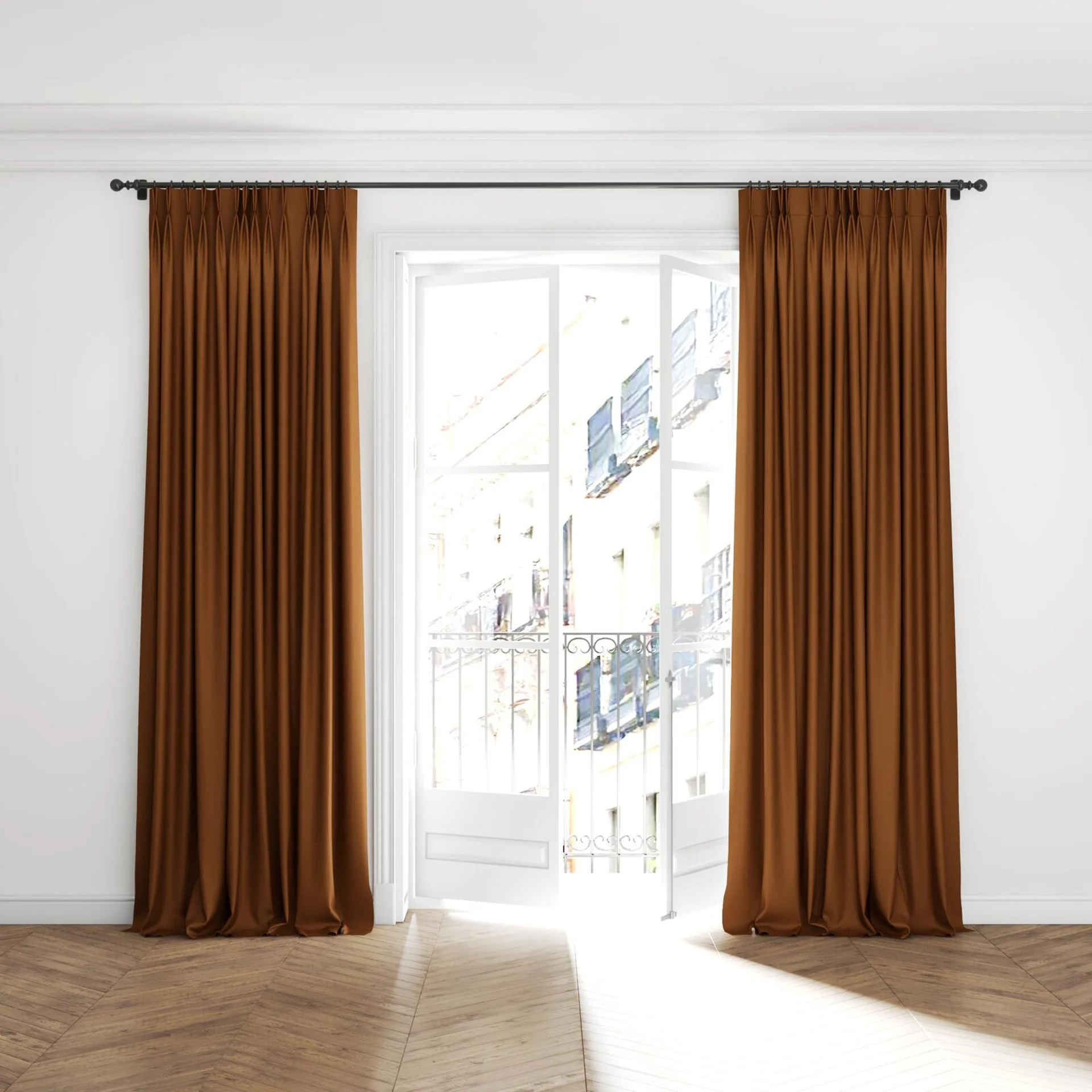 Full view of Kyoto Rust, puddled with pinch pleat, on curtain rod