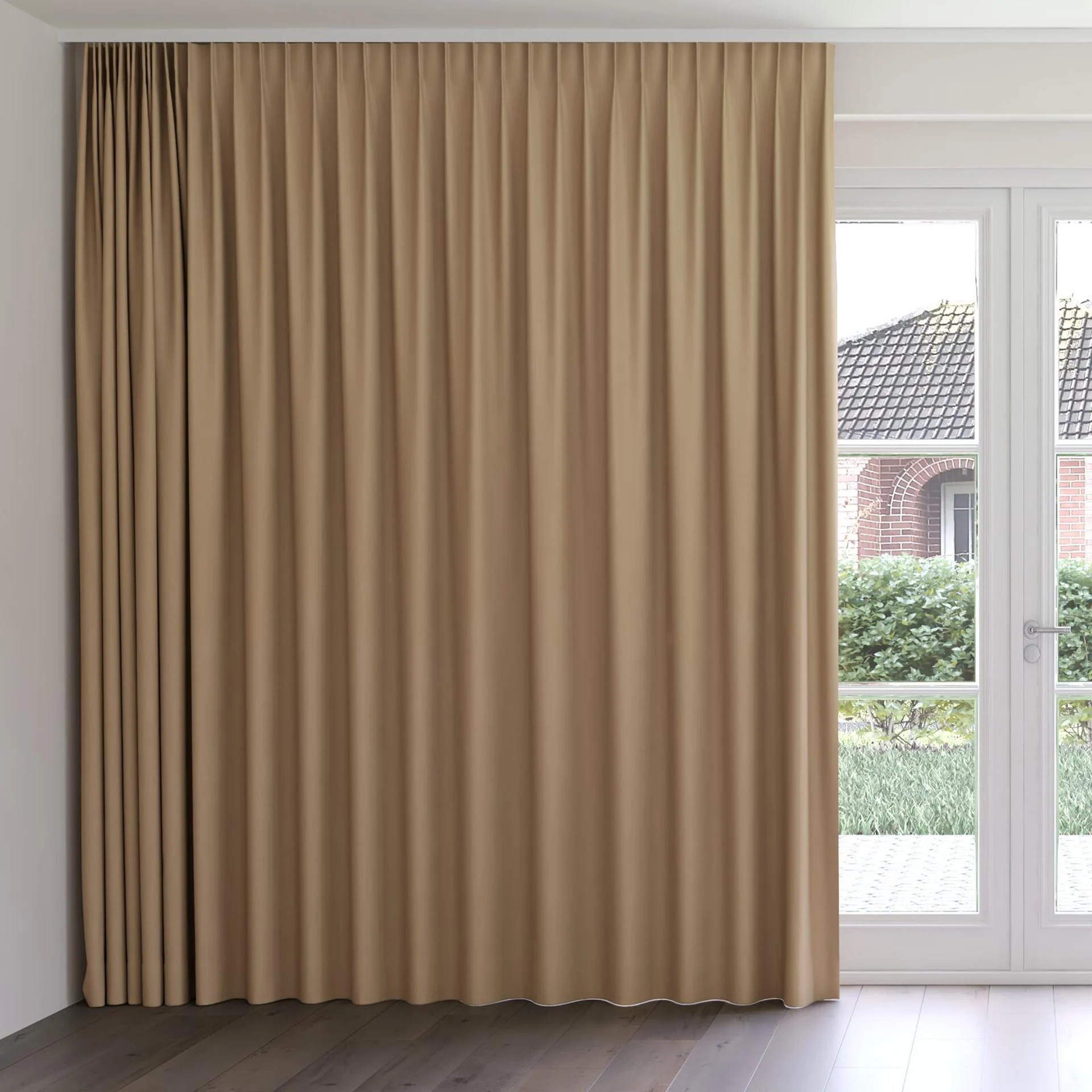 Front view of Vesta Walnut, on curtain rail