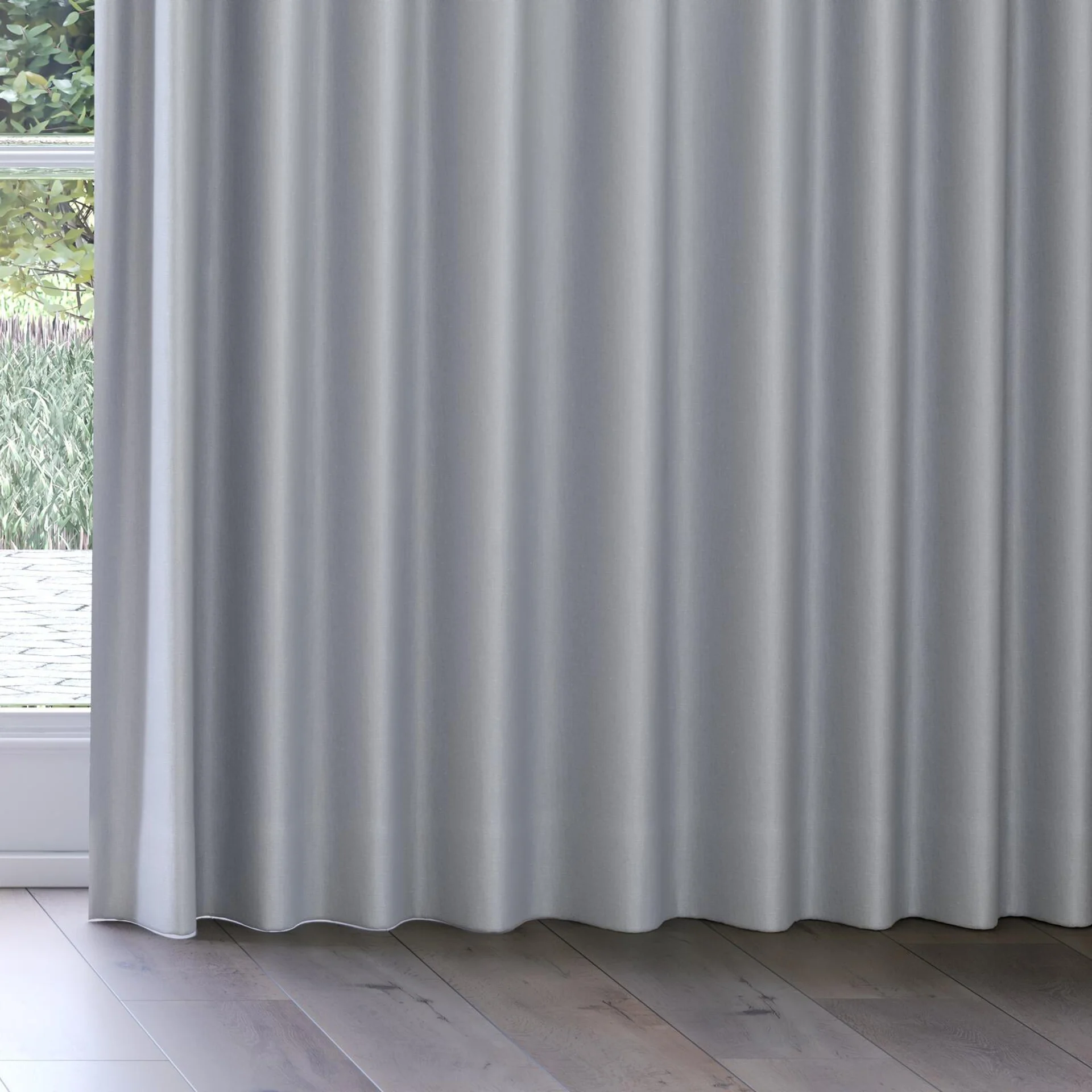 Bottom view of Eternal Dove Grey, on curtain rail