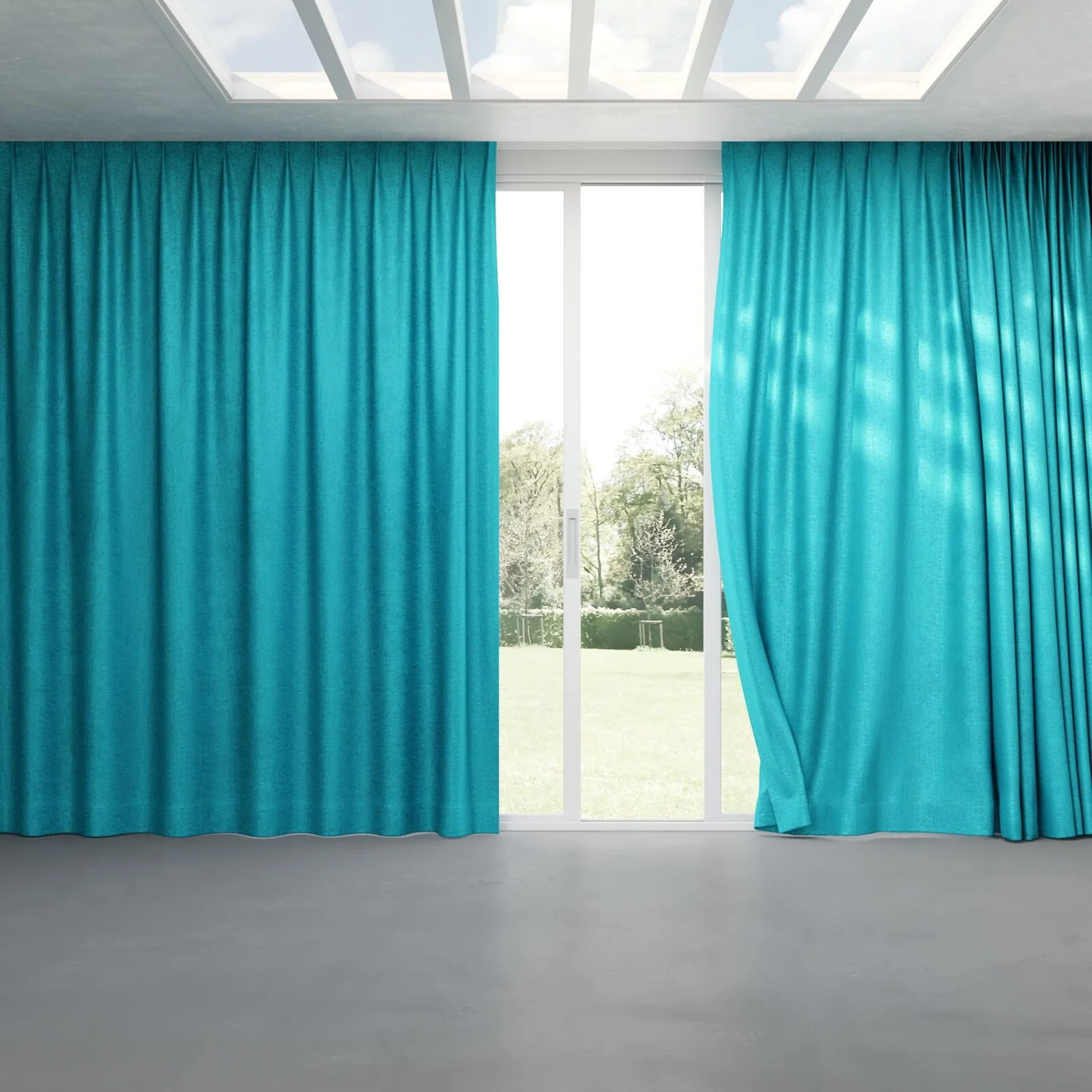 Full view of Hug Turquoize, pinch pleat