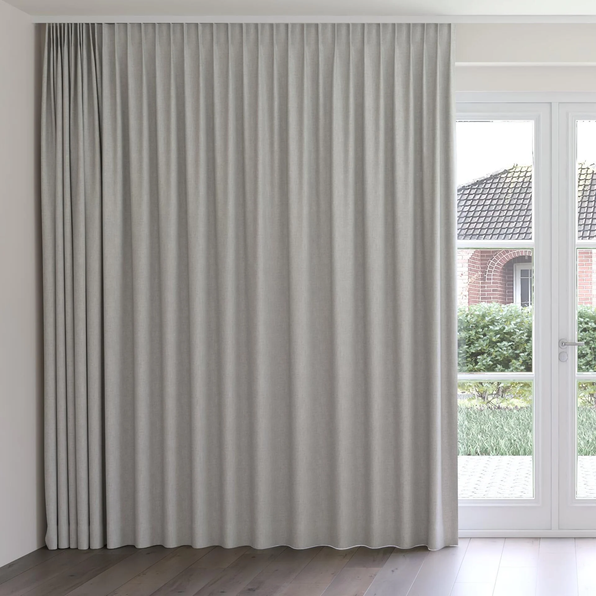 Front view of Retreat II Cement, on curtain rail