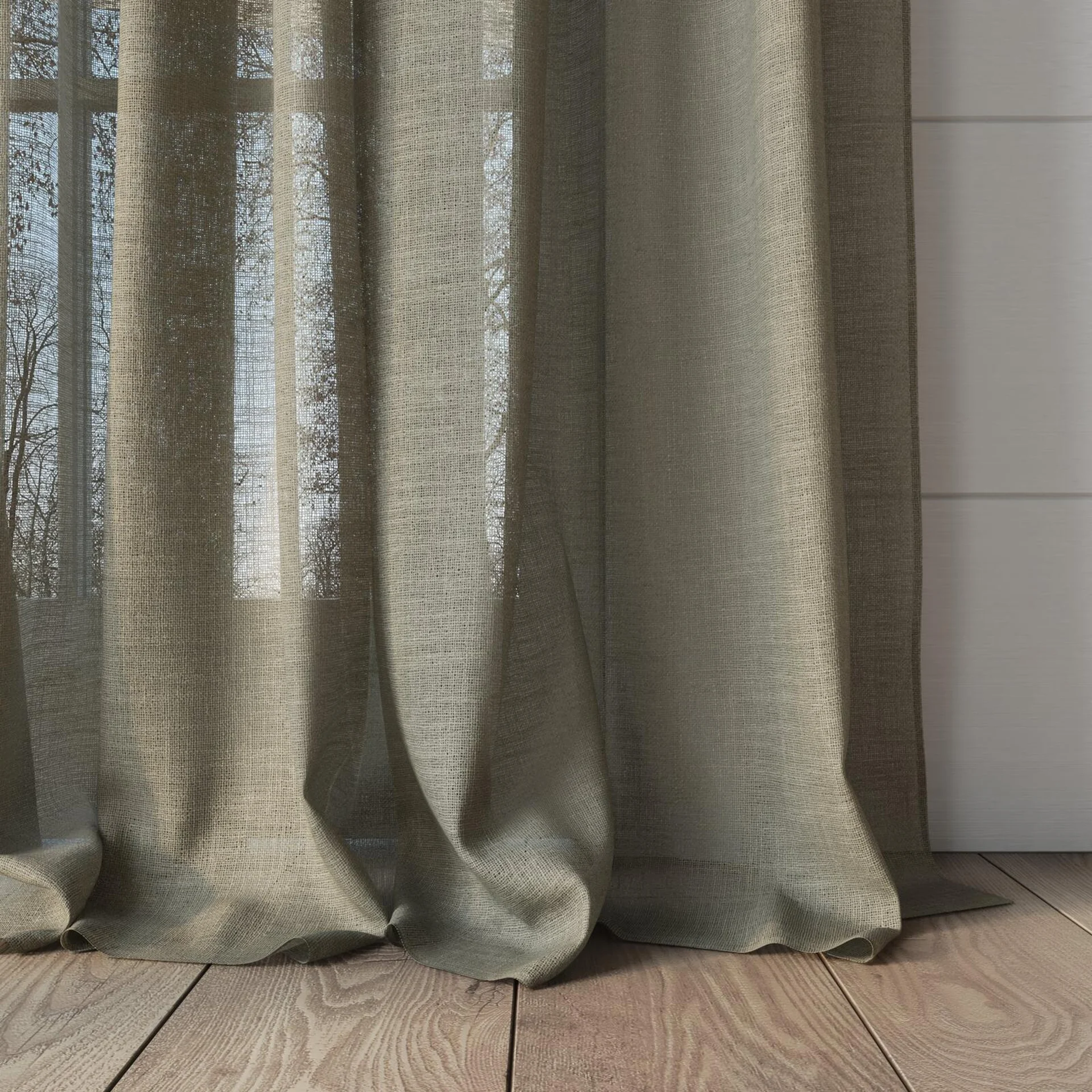 Bottom view of Verdant Earth, puddled, on curtain rod