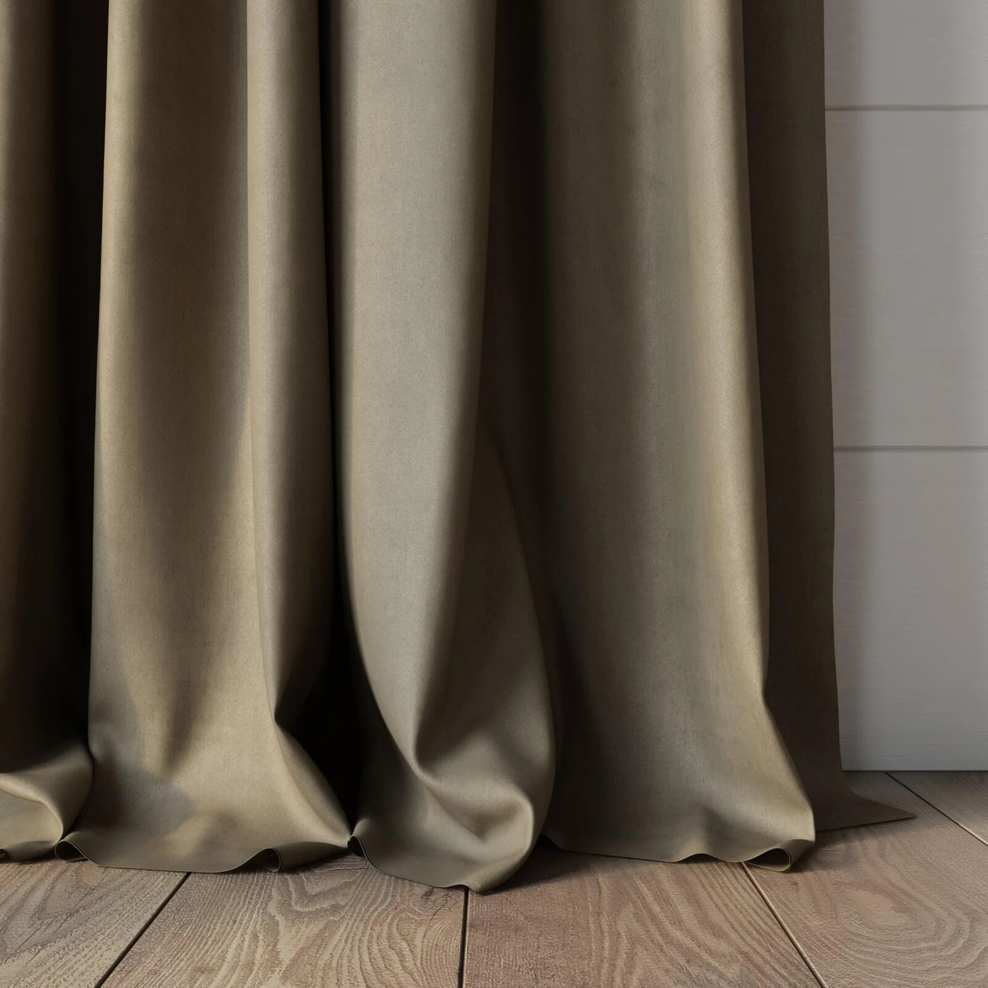 Bottom view of Warlock Linen, puddled, on curtain rod