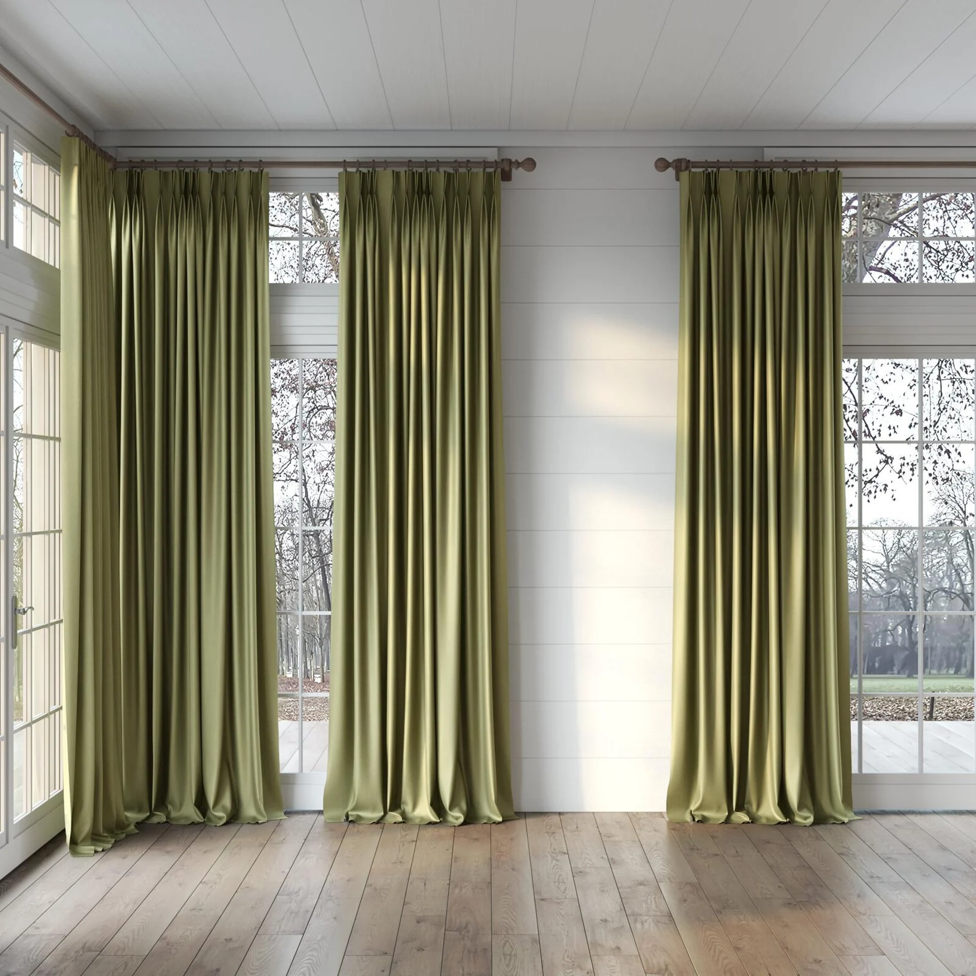 Full view of Matrix Moss, puddled, on curtain rod
