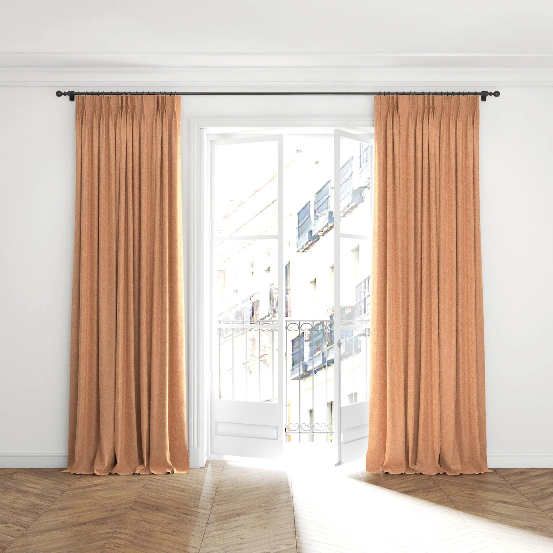 Full view of Brigadier Melon, puddled with pinch pleat, on curtain rod