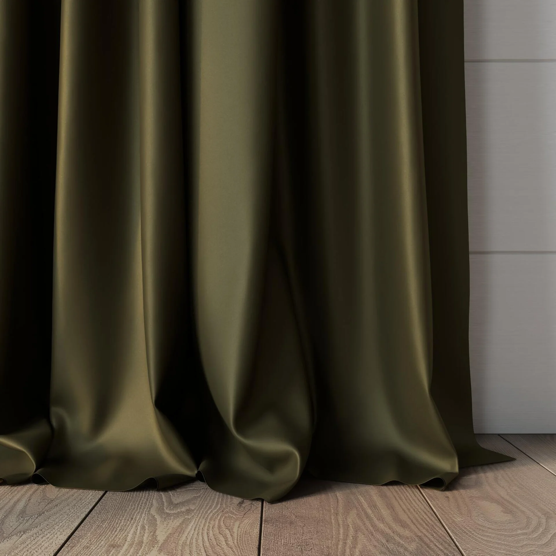 Bottom view of Sleek Camouflage, puddled, on curtain rod