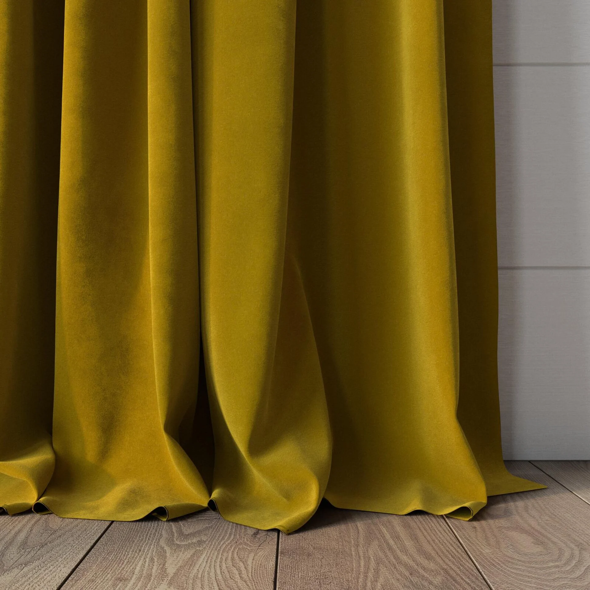 Bottom view of Lux Velvet Honey 8206, puddled, on curtain rod