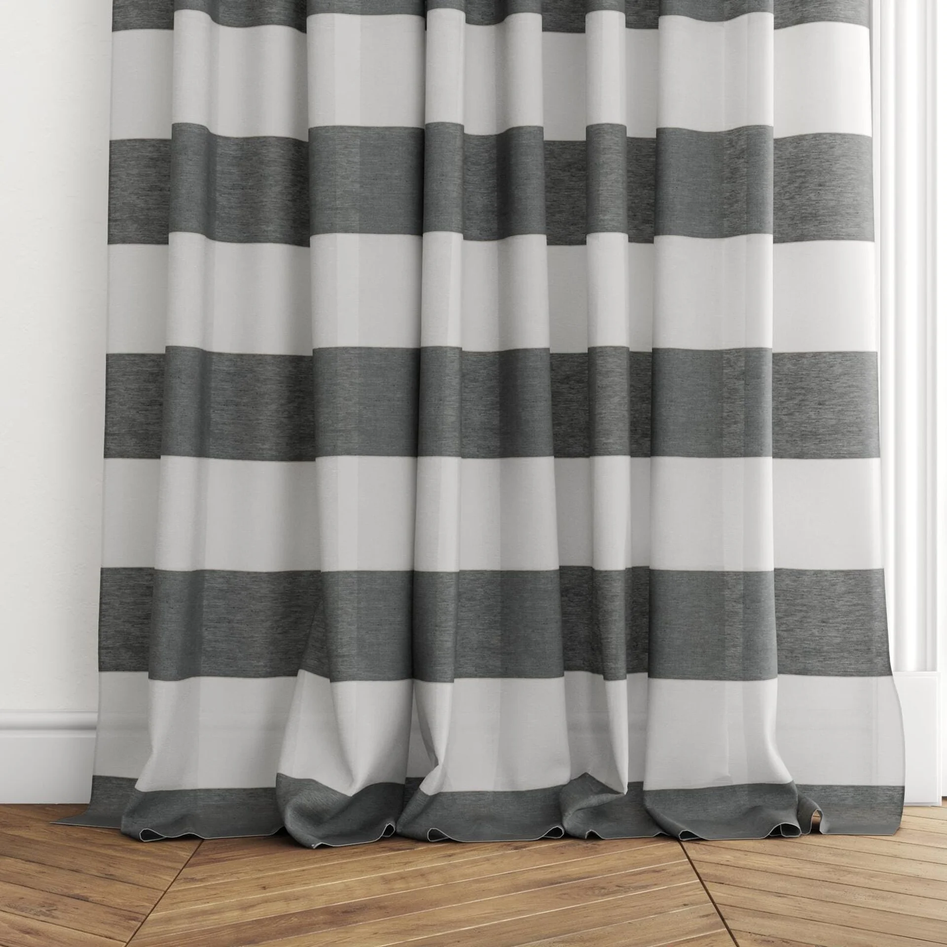 Bottom view of Long Beach Obsidian, puddled with pinch pleat, on curtain rod