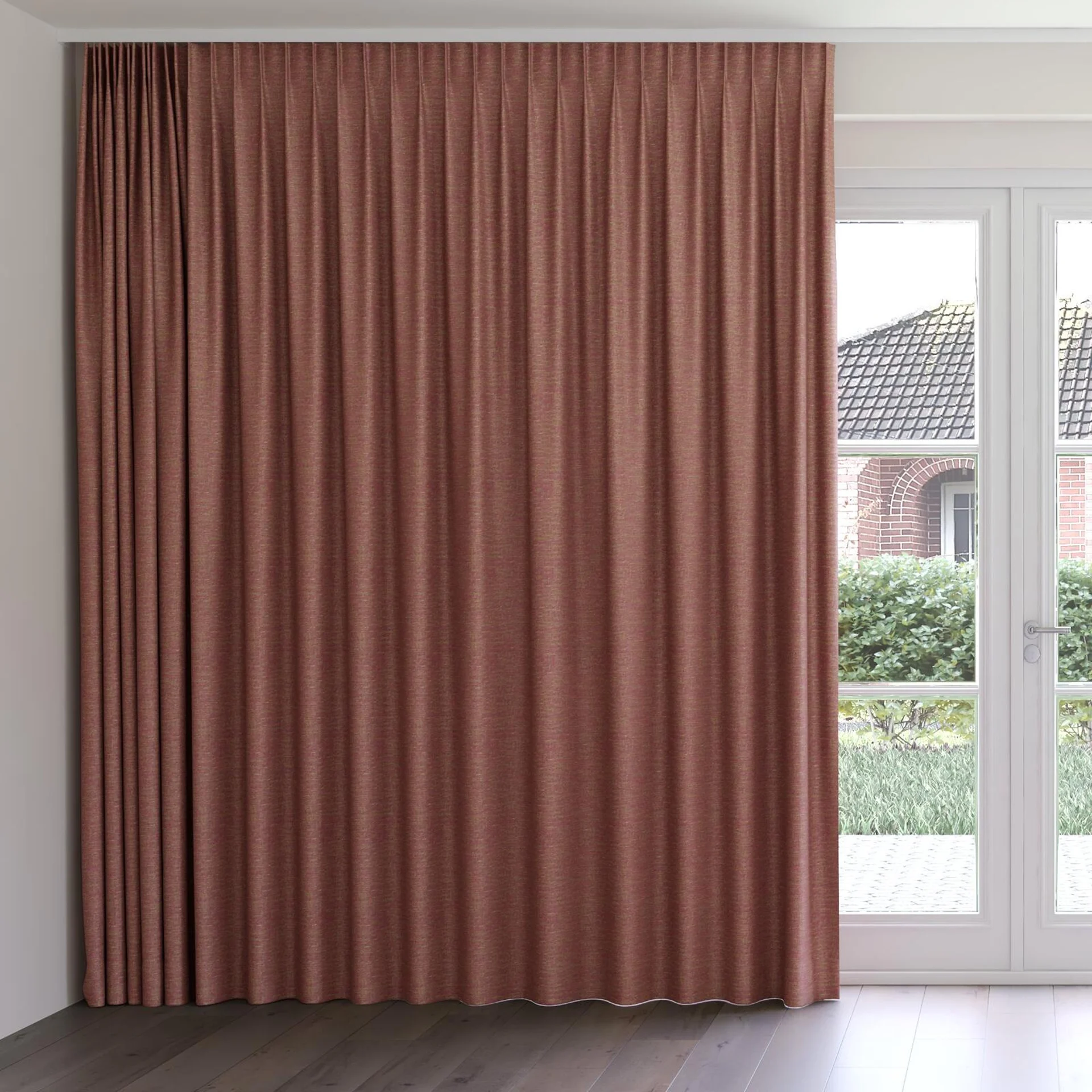 Front view of Ecliptic Geranium, on curtain rail