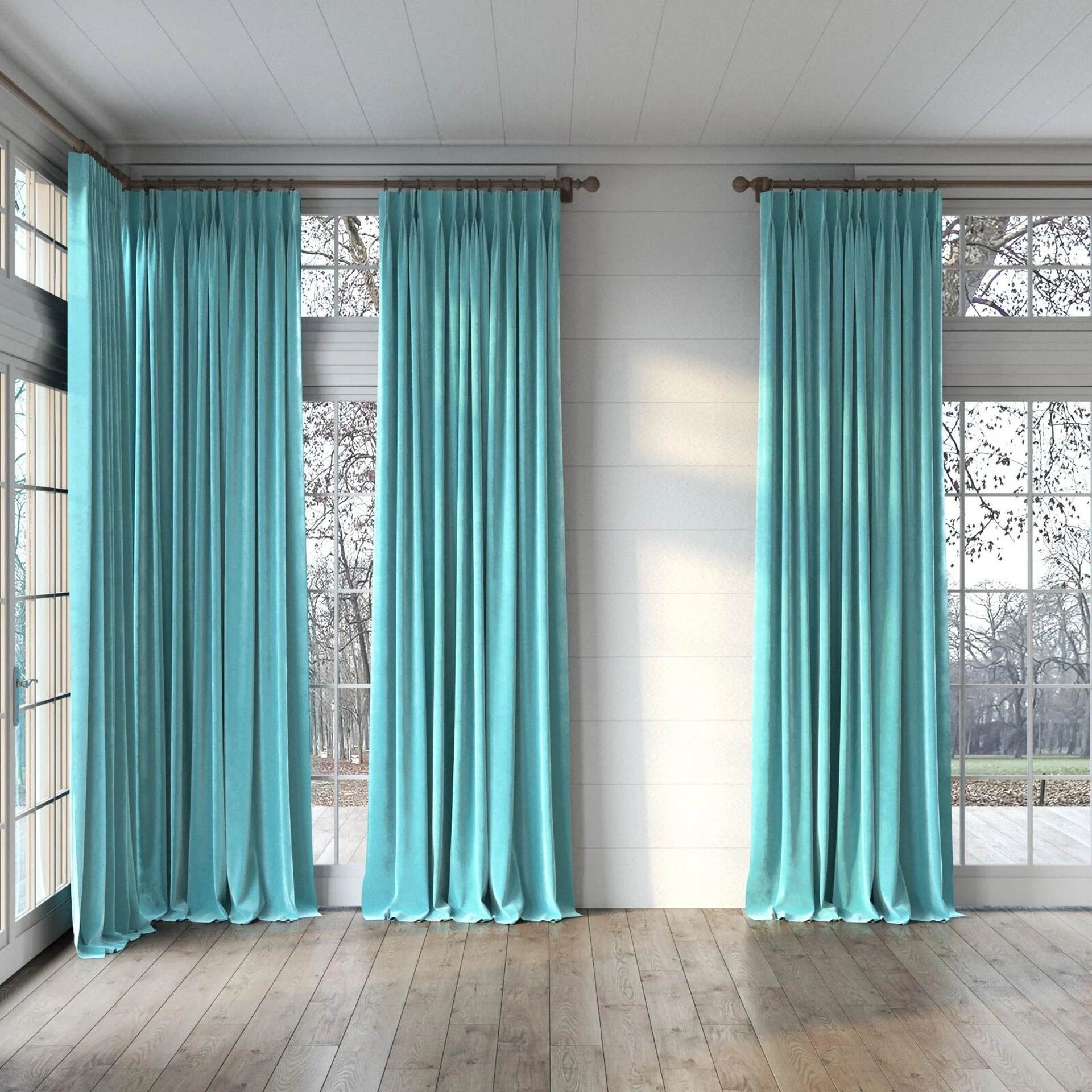 Full view of Lux Velvet Aqua 8816, puddled, on curtain rod
