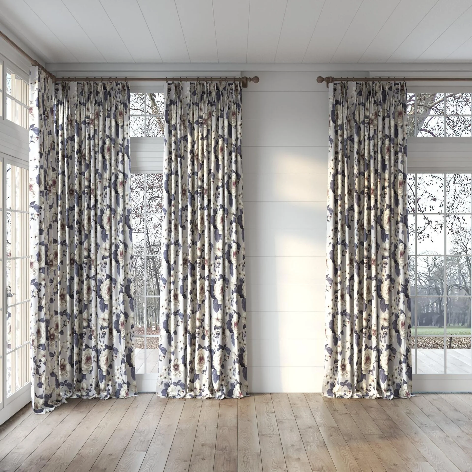Full view of Miriam French Earl Grey, puddled, on curtain rod