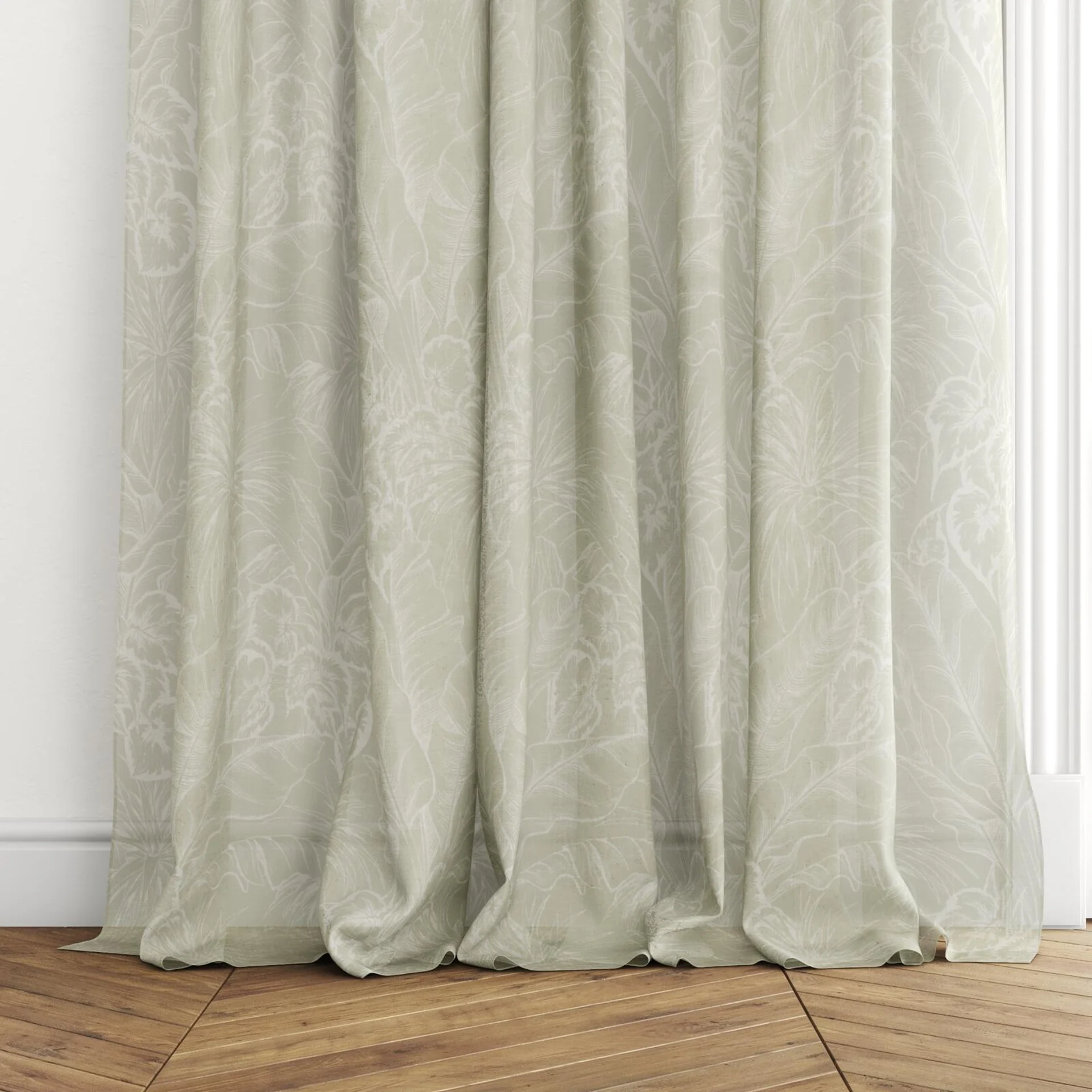 Bottom view of Palmery Sage, puddled with pinch pleat, on curtain rod