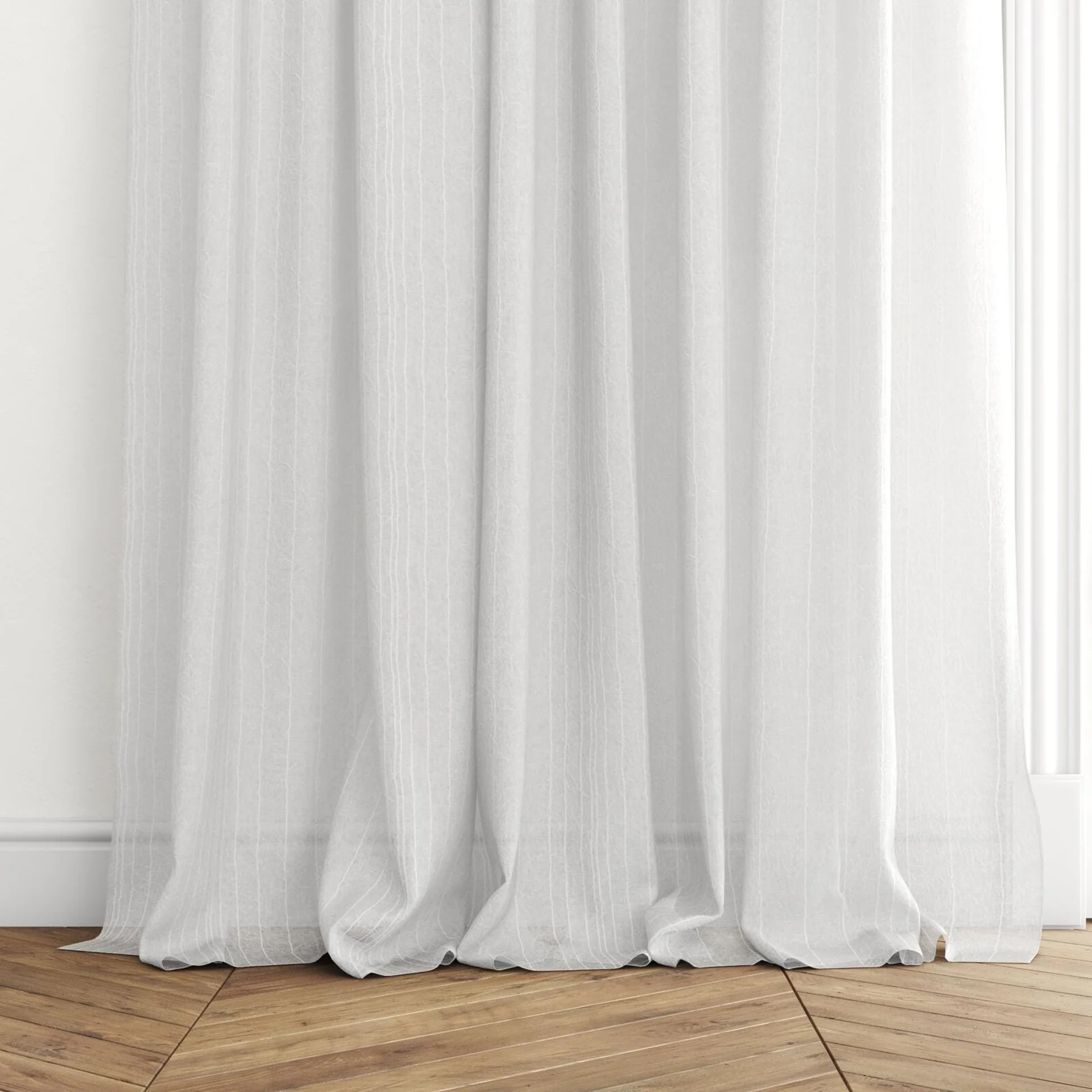 Bottom view of Mira Blanc, puddled with pinch pleat, on curtain rod