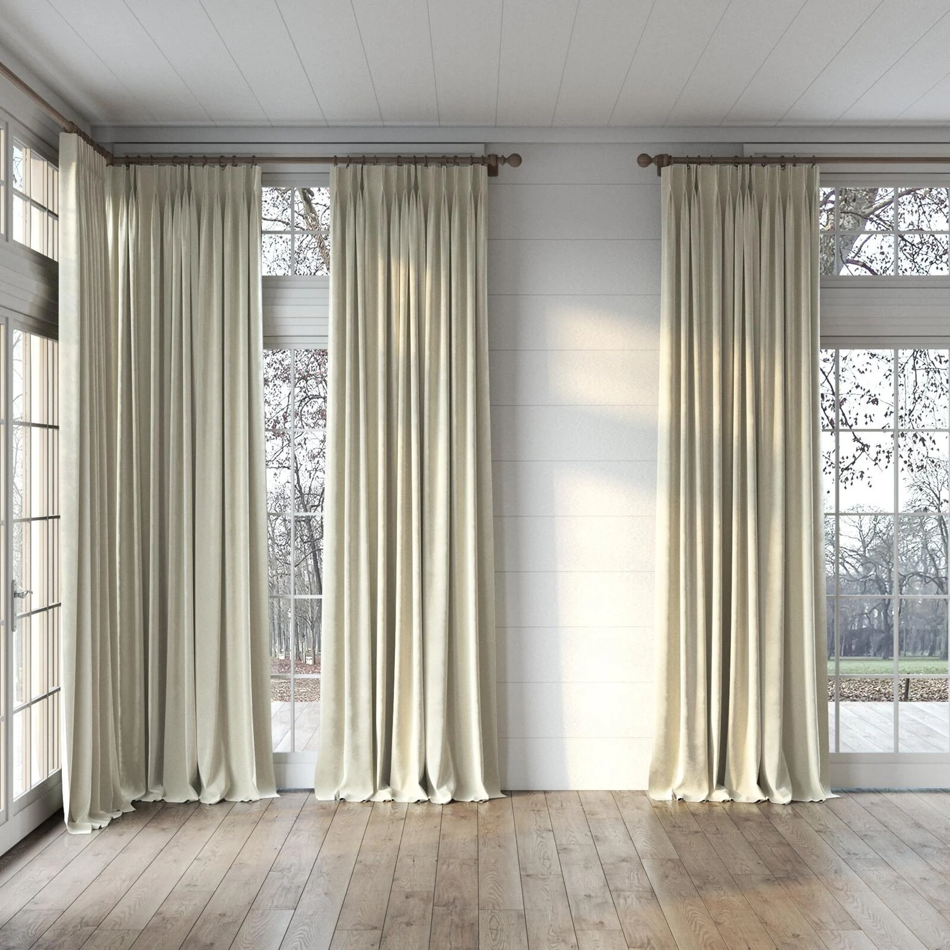 Full view of Velvelux Papyrus, puddled, on curtain rod