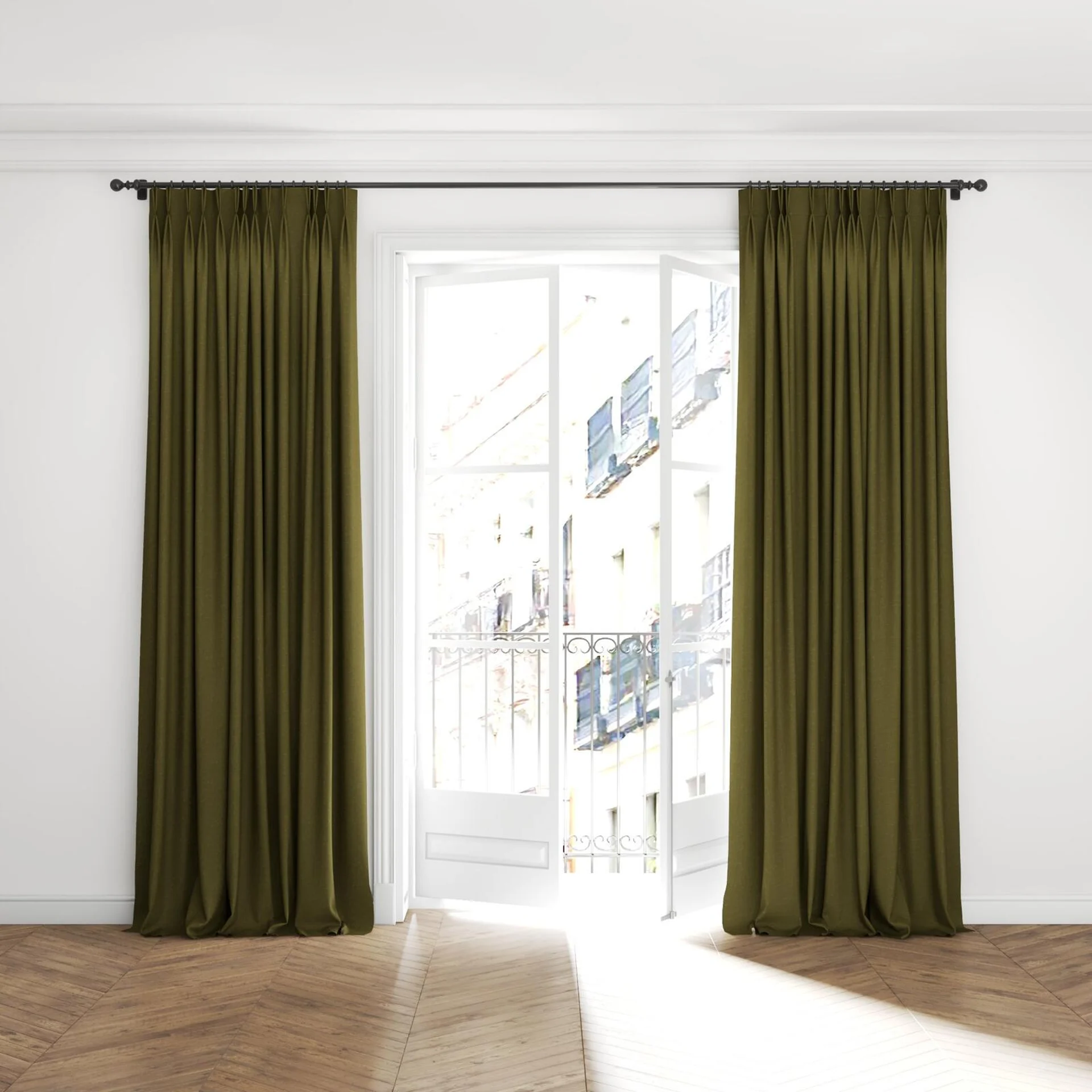 Full view of Coverlet Hunter, puddled with pinch pleat, on curtain rod
