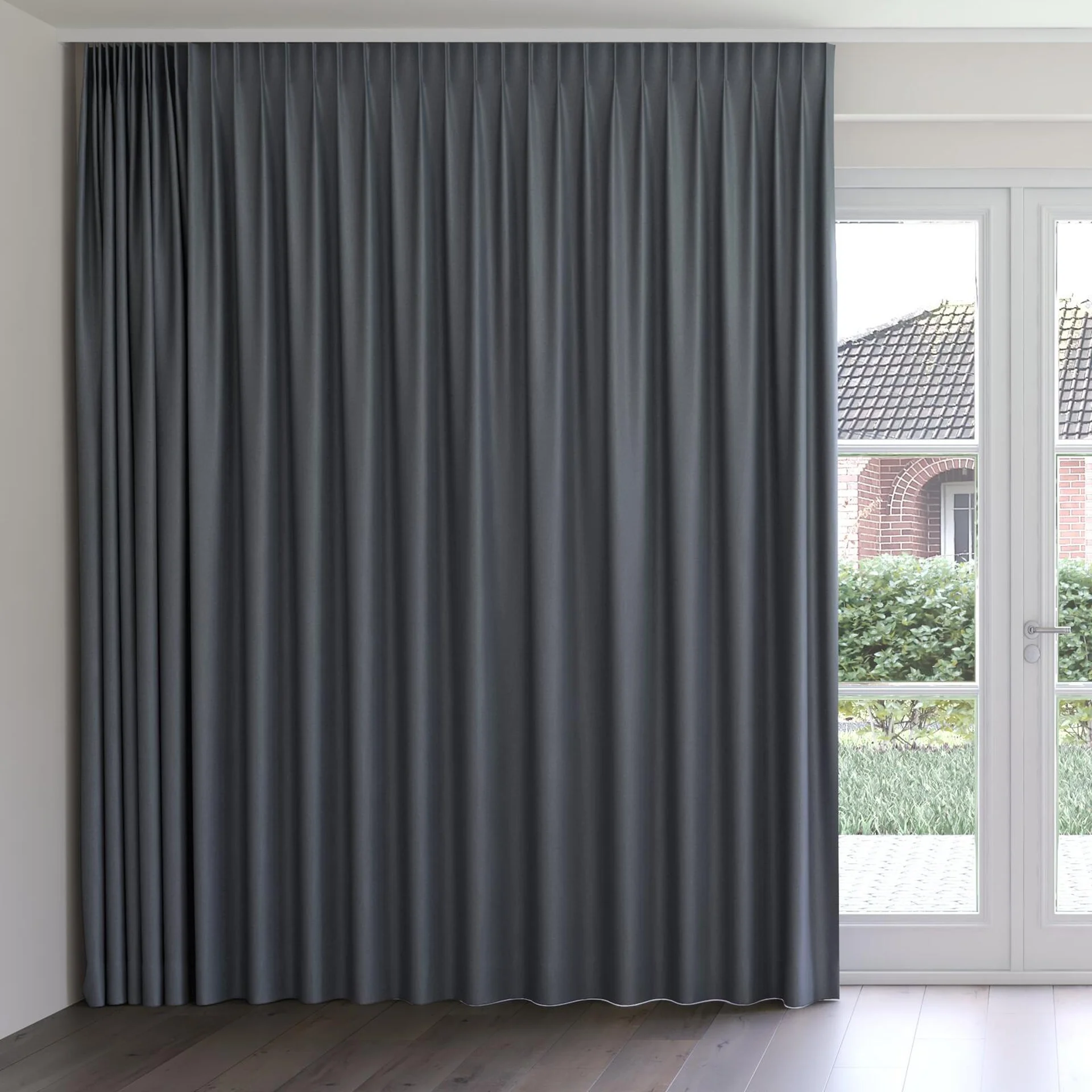 Front view of Naturama Charcoal, on curtain rail