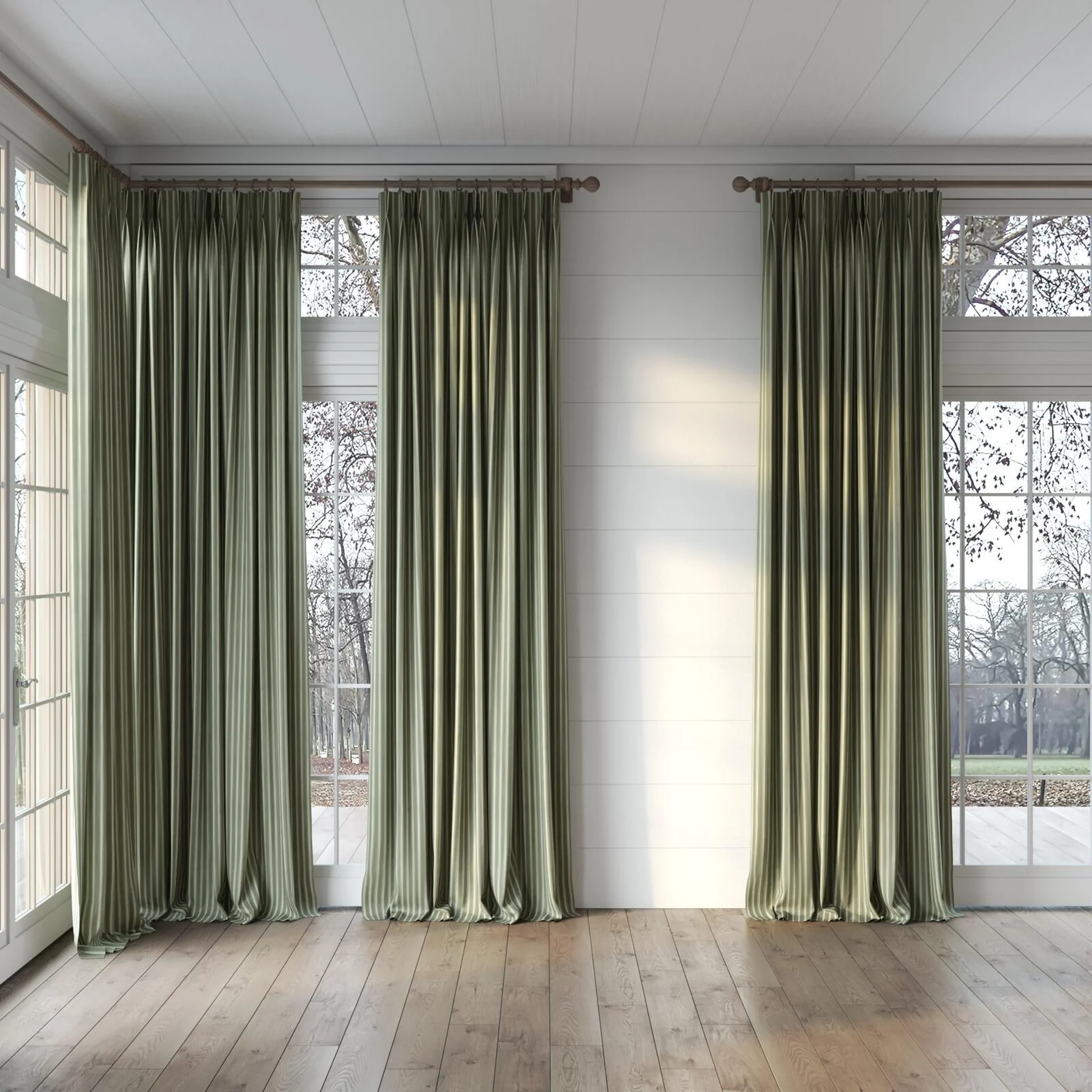 Full view of Cordial Seagrass, puddled, on curtain rod