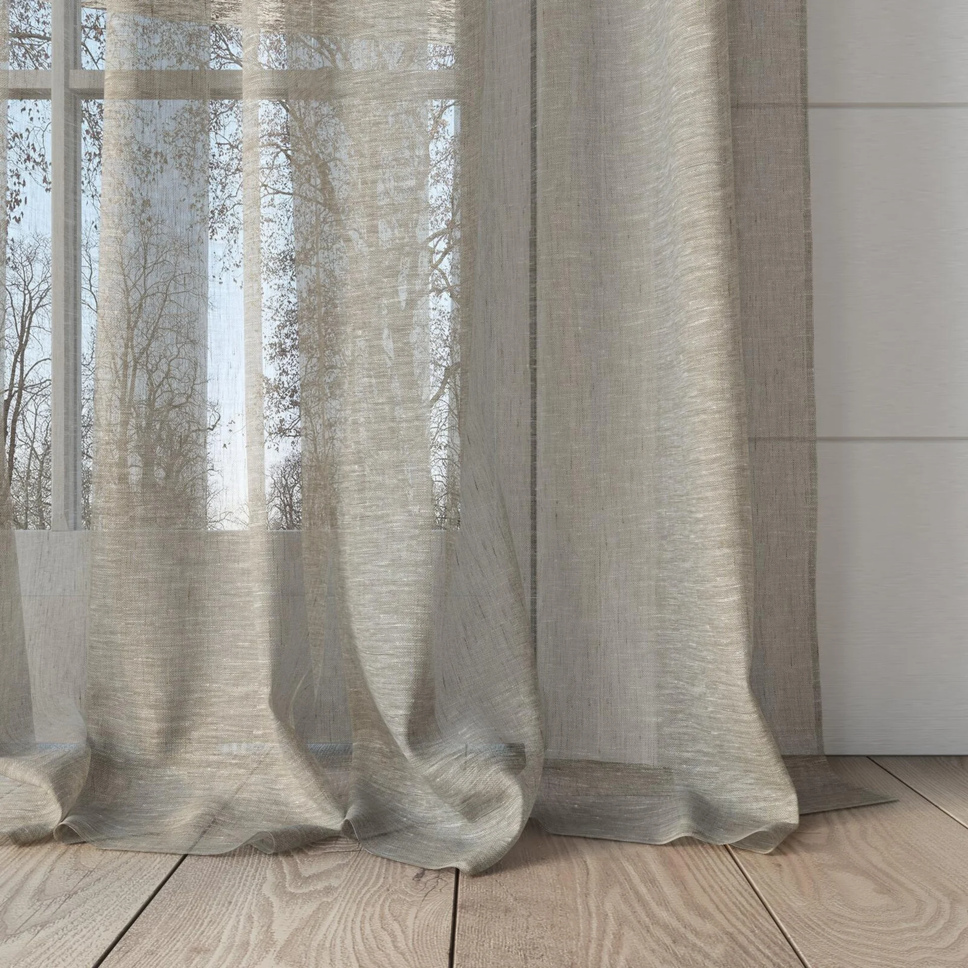 Bottom view of Pure Linen Mushroom, puddled, on curtain rod