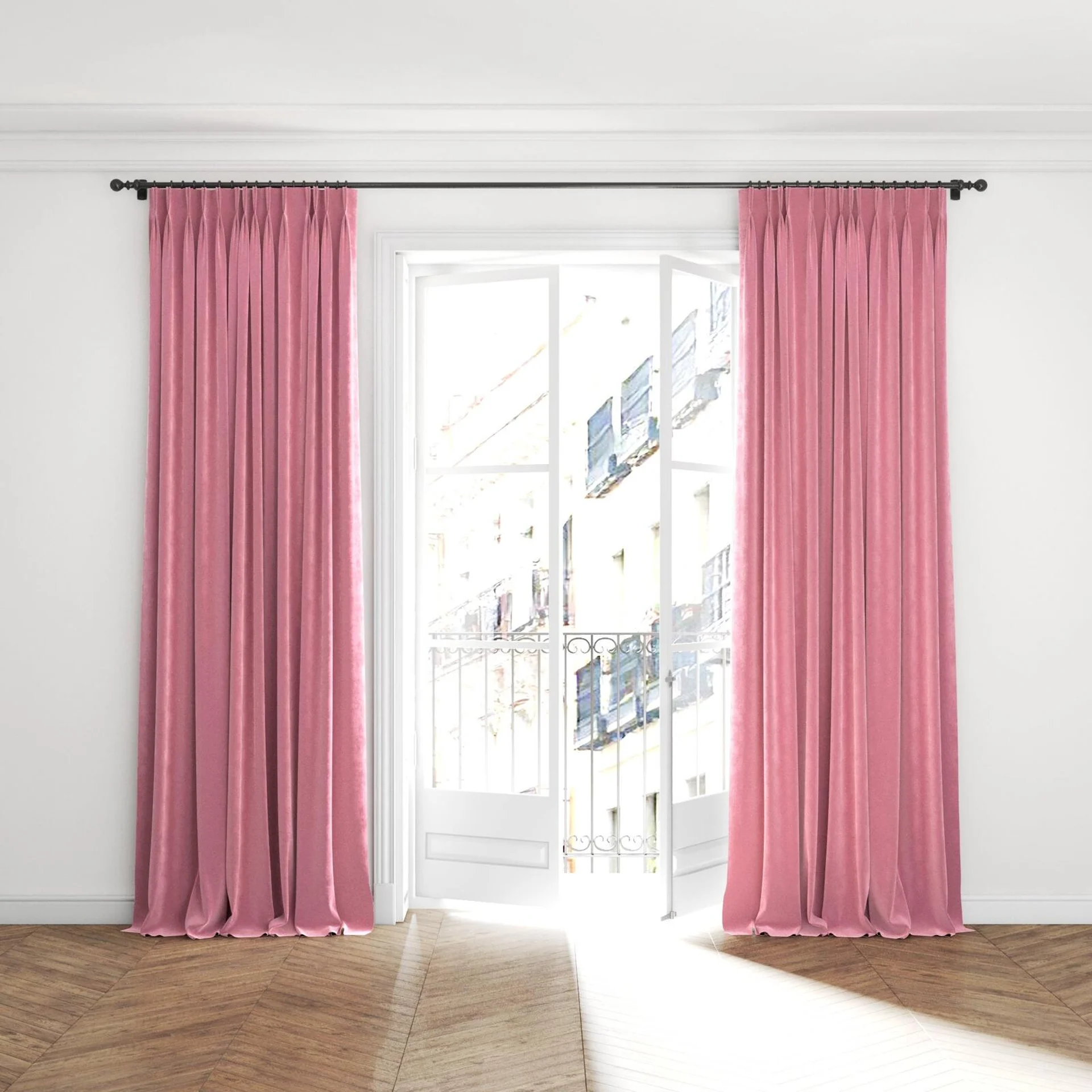 Full view of Lux Velvet Orchid 8502, puddled with pinch pleat, on curtain rod