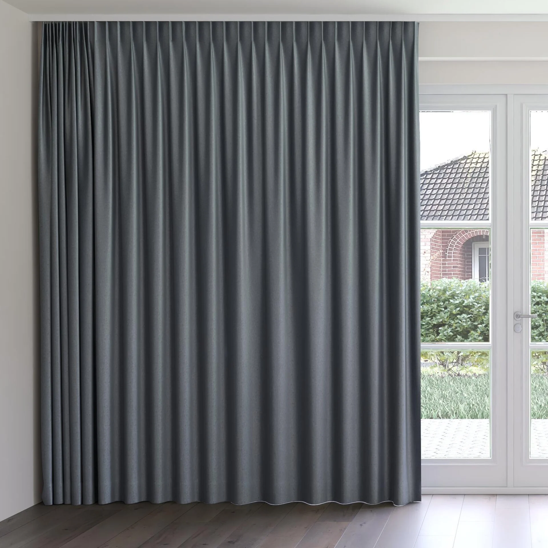 Front view of Recharge Pewter, on curtain rail