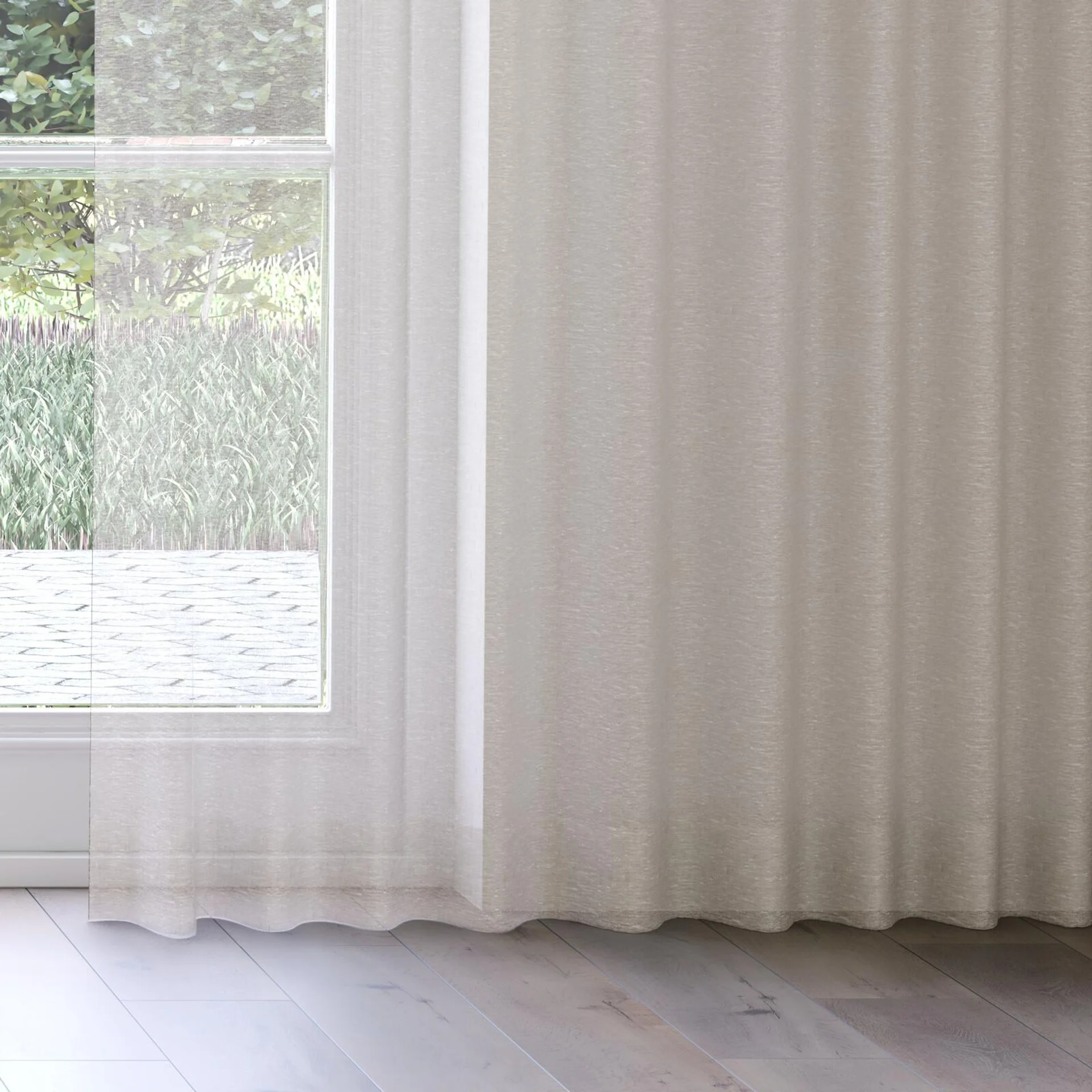 Bottom view of Pure Linen Mushroom, on curtain rail