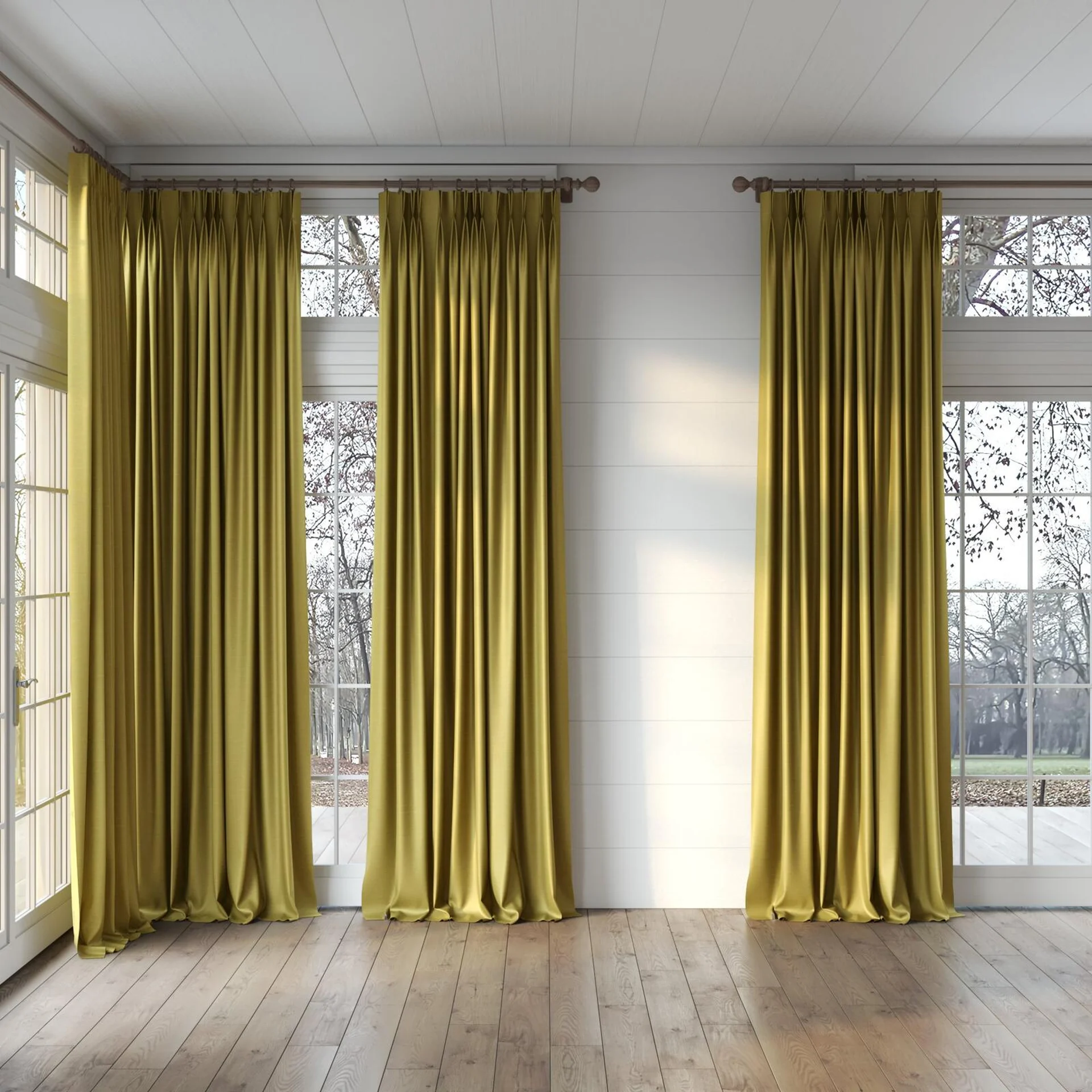 Full view of Silky Honey, puddled, on curtain rod