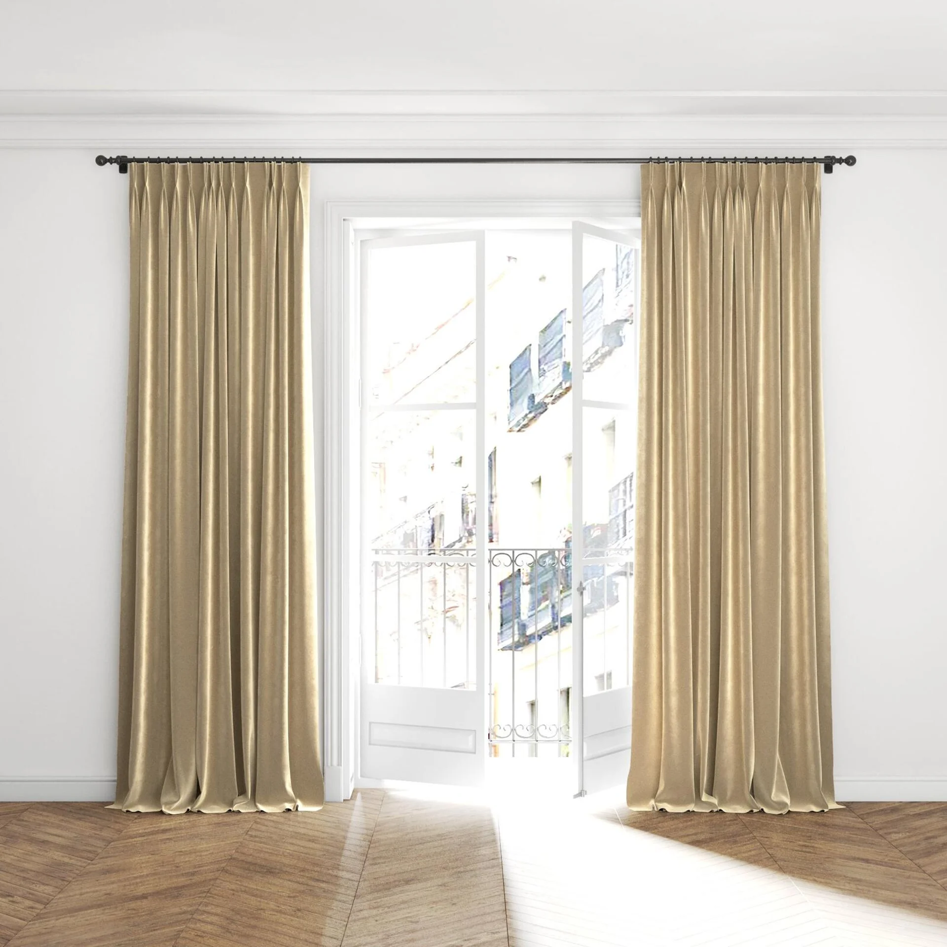 Full view of Velvelux Caramel, puddled with pinch pleat, on curtain rod