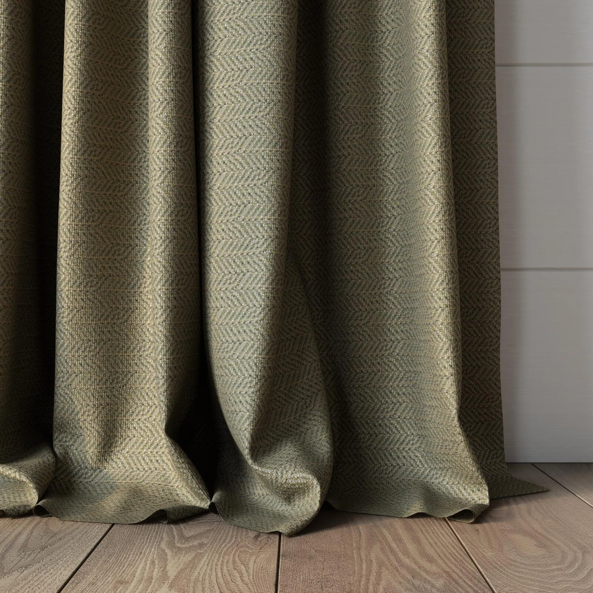 Bottom view of Kaomoji Camouflage, puddled, on curtain rod