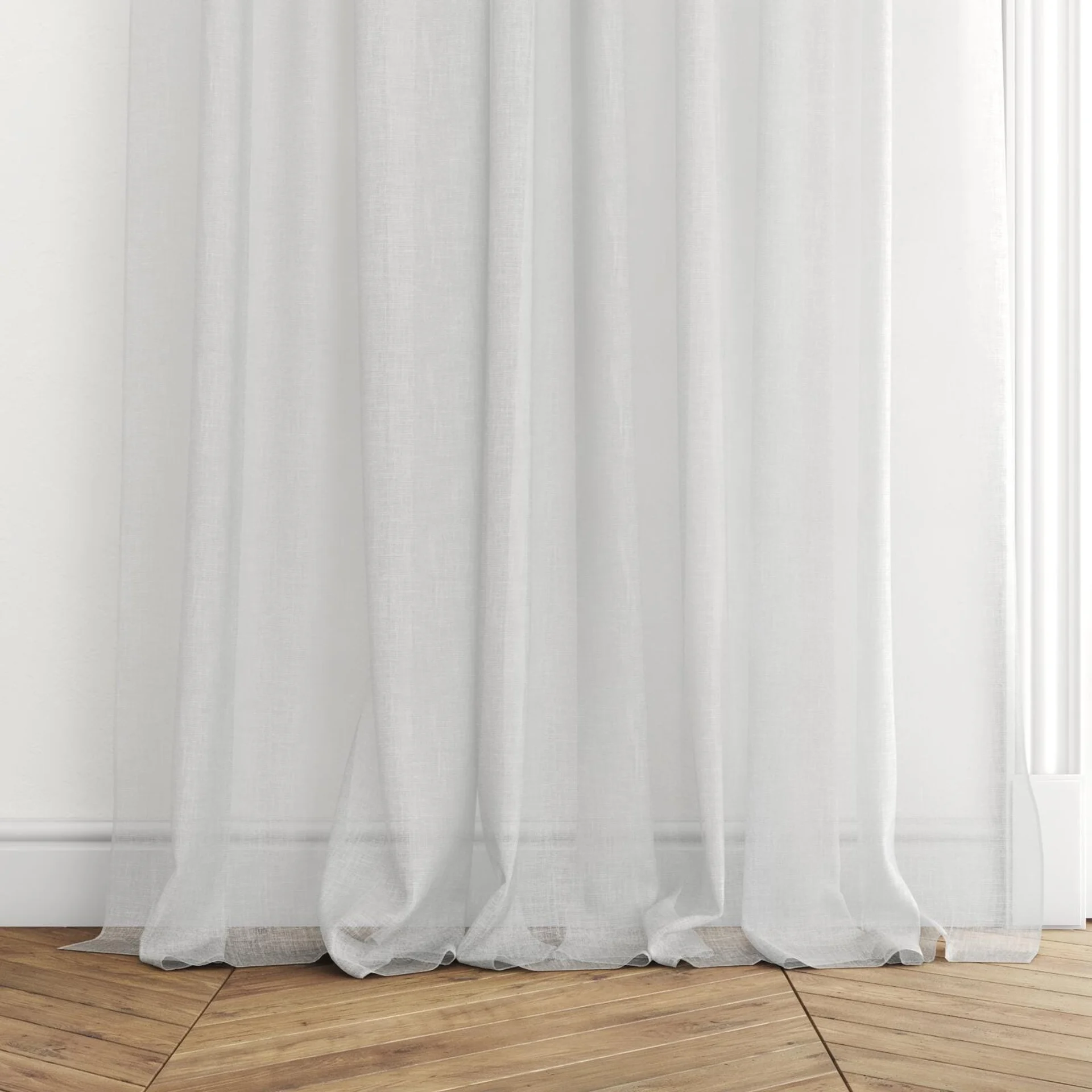 Bottom view of Natura Recycled Salt, puddled with pinch pleat, on curtain rod