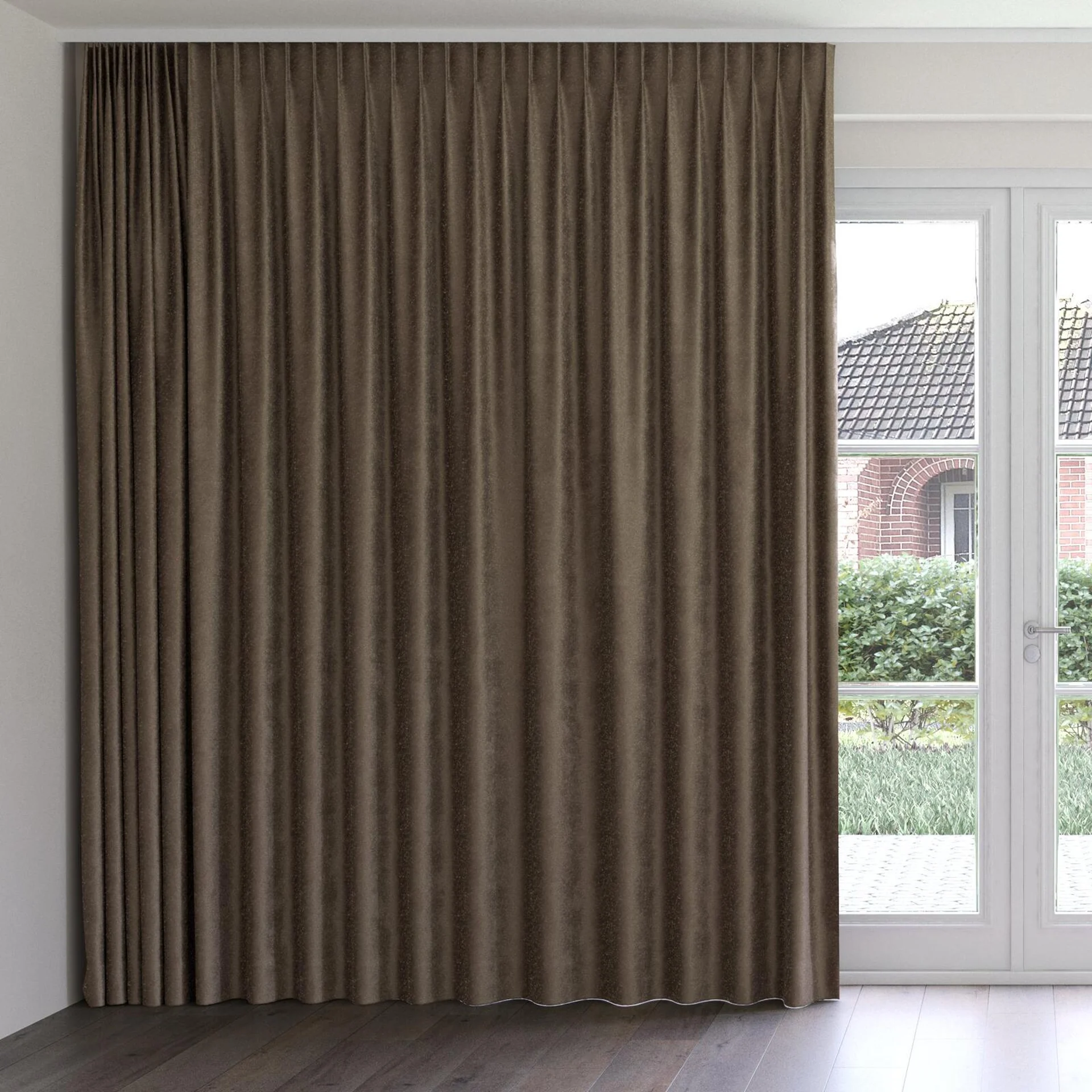Front view of Brigadier Brownie, on curtain rail