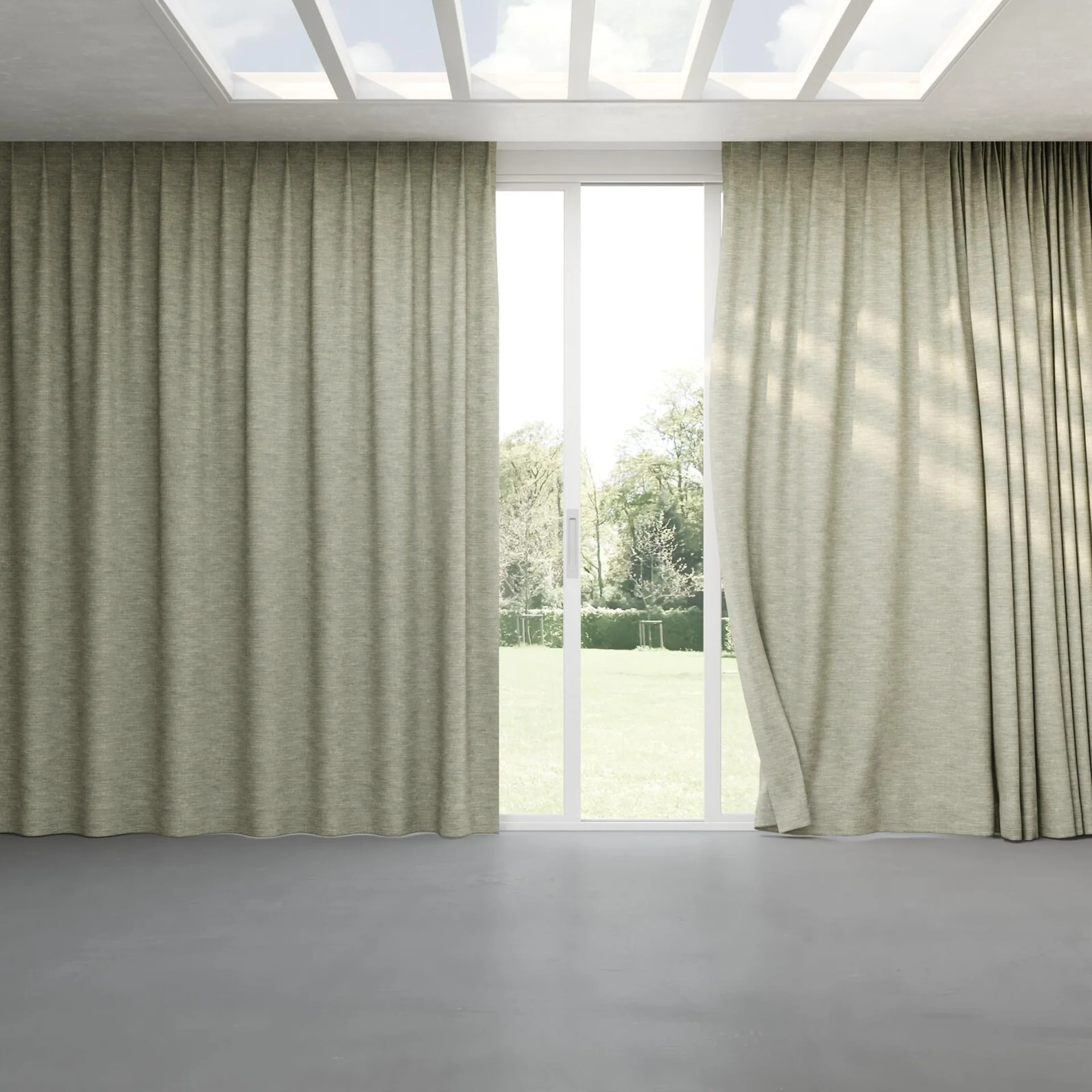 Full view of Venus Duckegg, pinch pleat