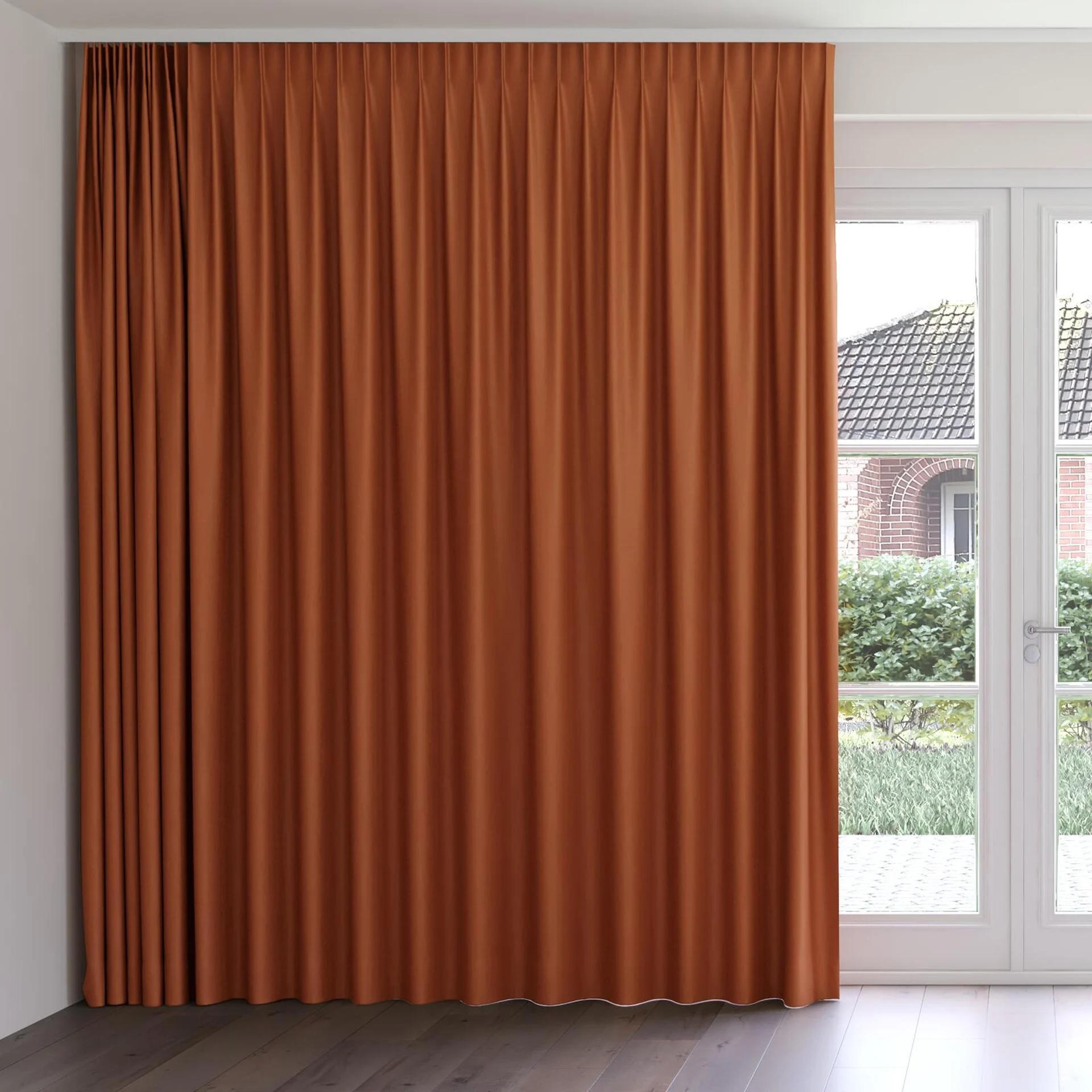 Front view of Eternal Burnt Orange, on curtain rail