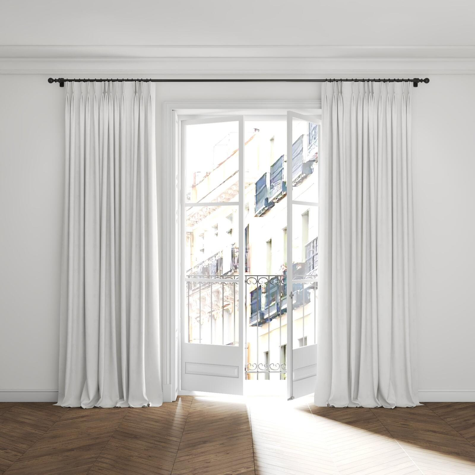 Full view of Innovation Snow, puddled with pinch pleat, on curtain rod