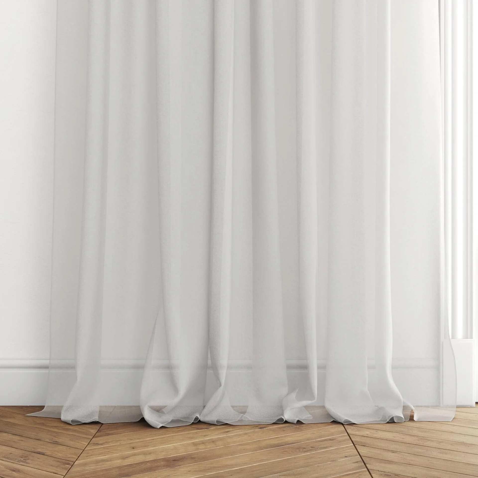 Bottom view of Selene Linen, puddled with pinch pleat, on curtain rod