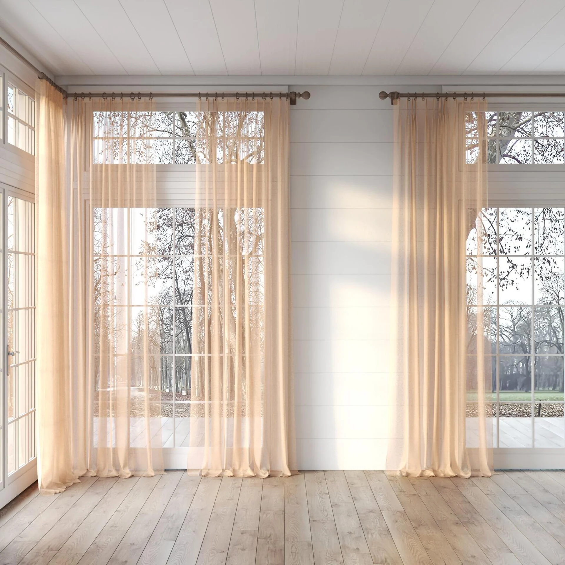 Full view of Pure Linen Topaz, puddled, on curtain rod