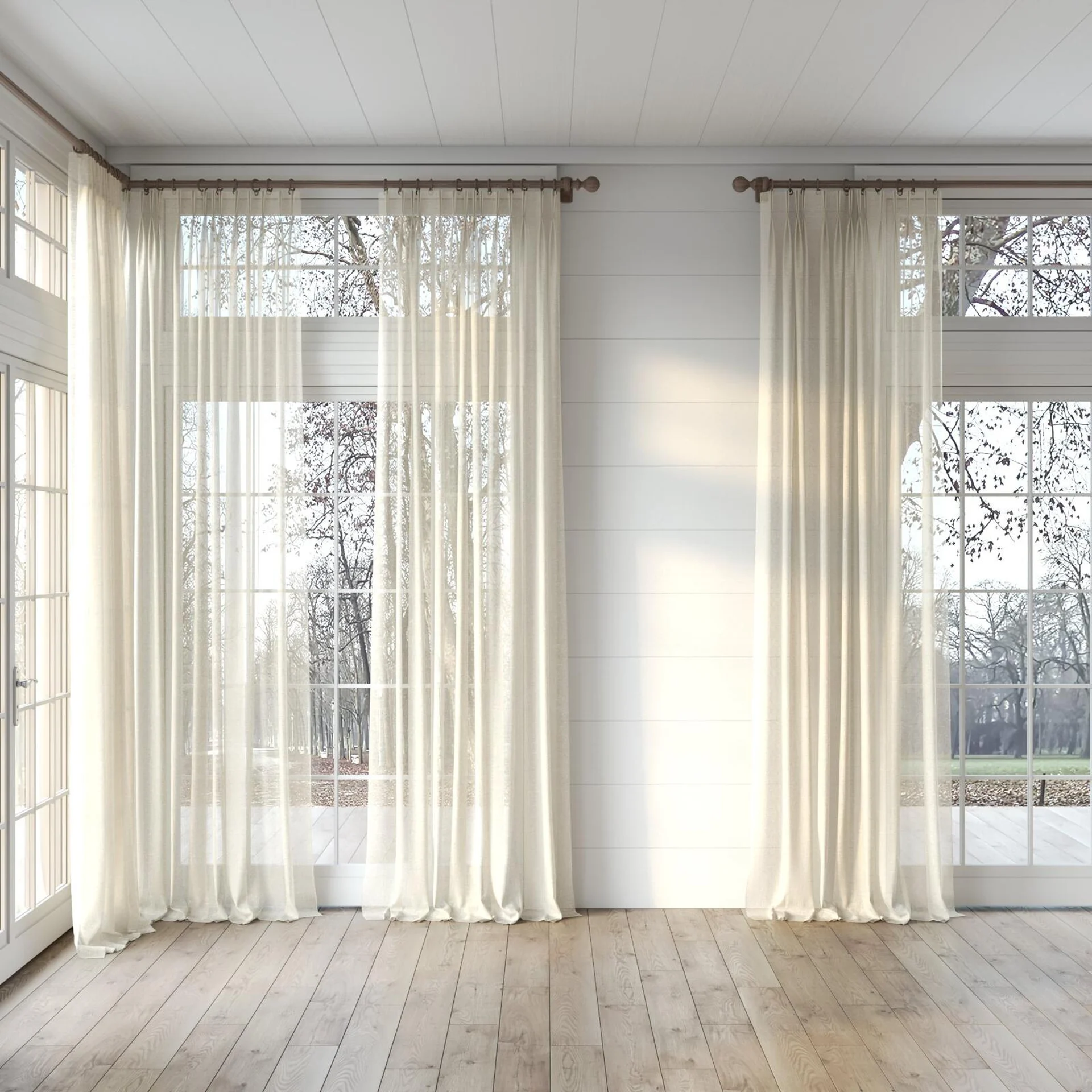 Full view of Lino Citrus, puddled, on curtain rod