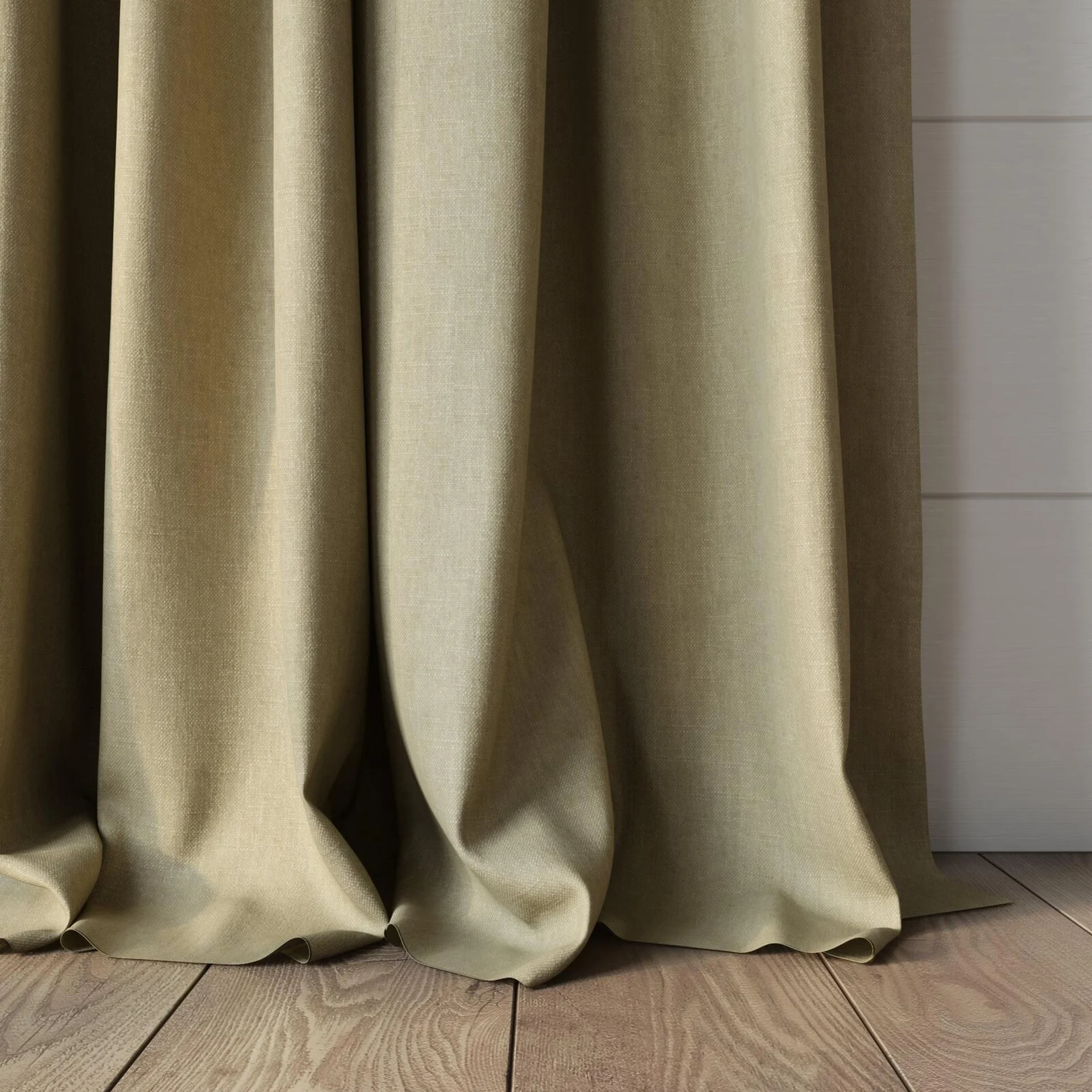 Bottom view of Rover Linen, puddled, on curtain rod