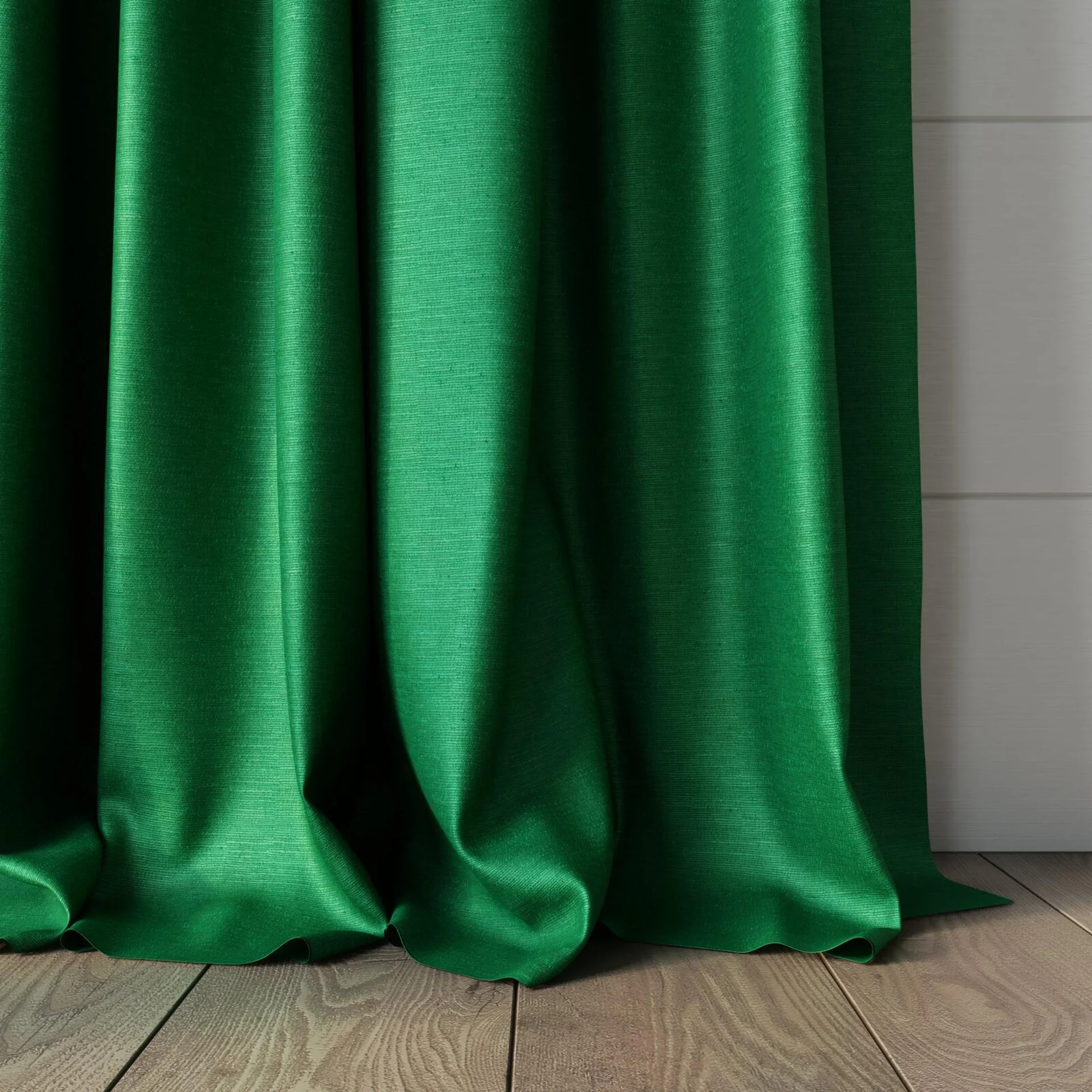 Bottom view of Provence Emerald, puddled, on curtain rod