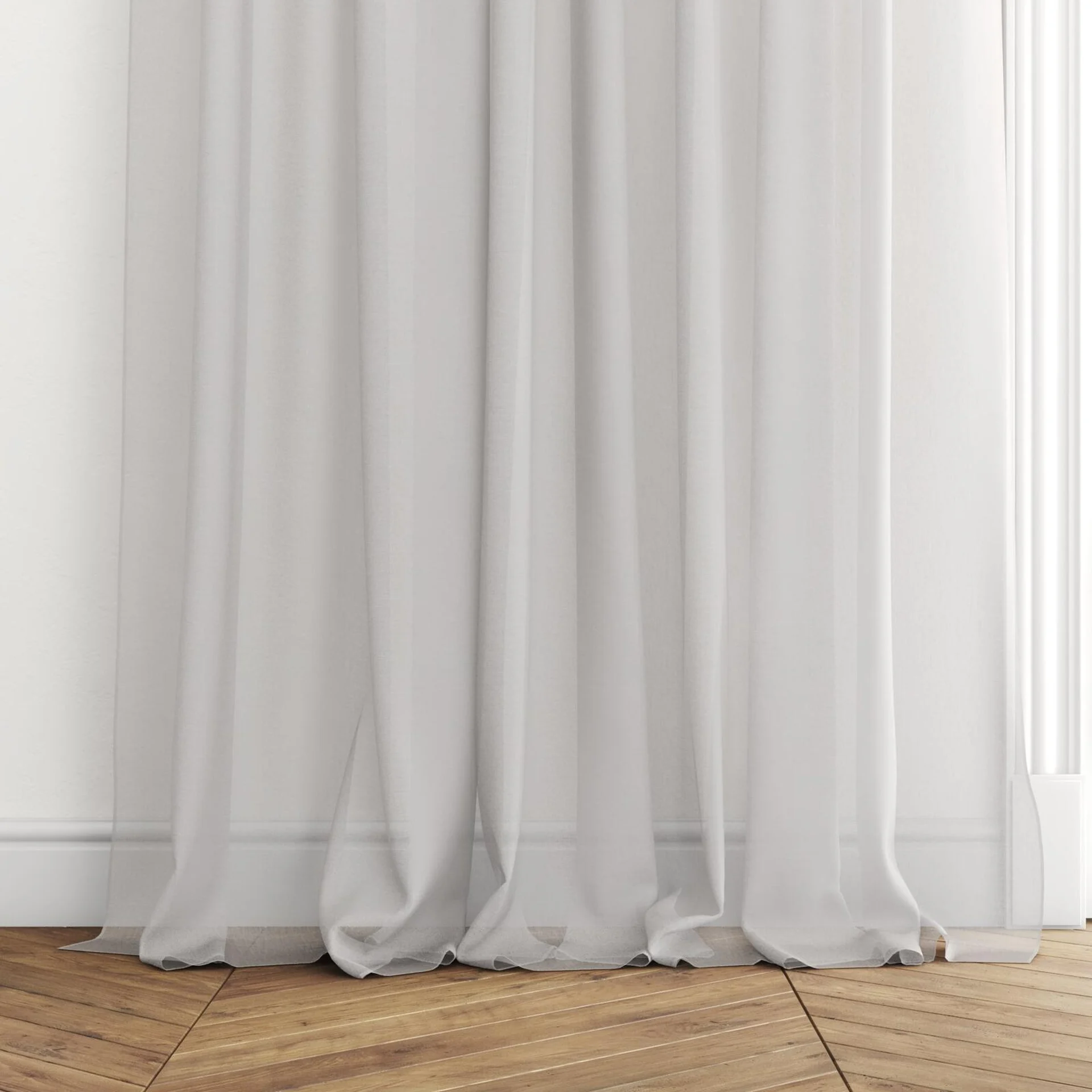 Bottom view of Cavalier Feather, puddled with pinch pleat, on curtain rod