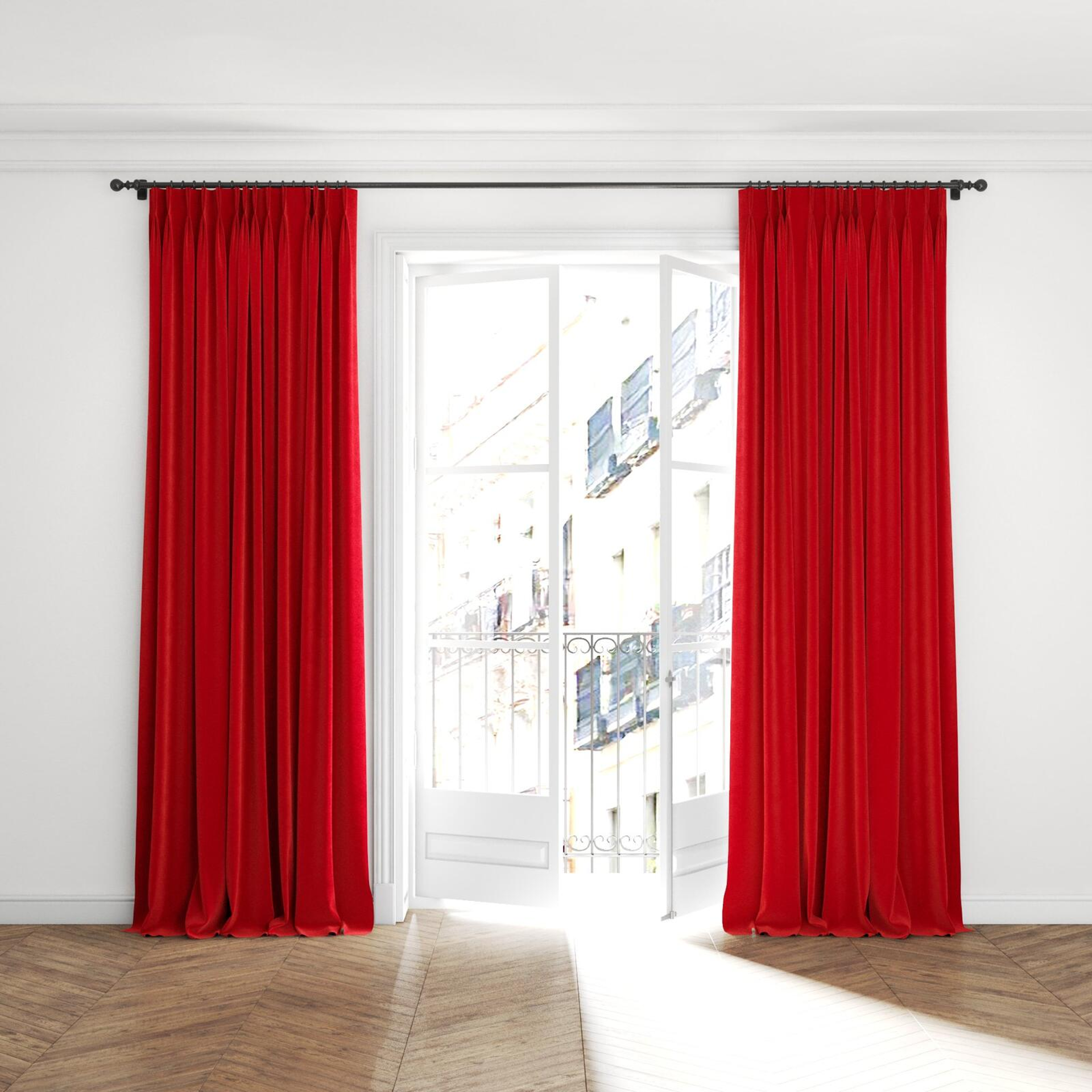Full view of Geneva Strawberry, puddled with pinch pleat, on curtain rod