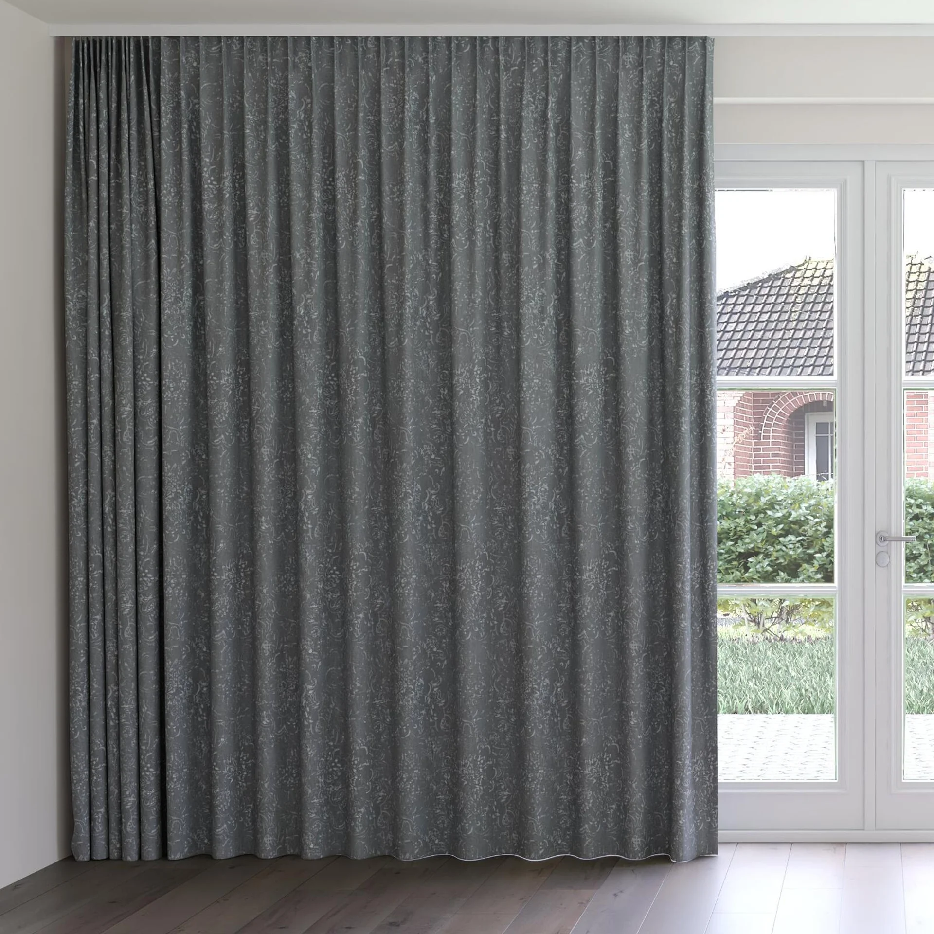 Front view of Azulejo Ash, on curtain rail