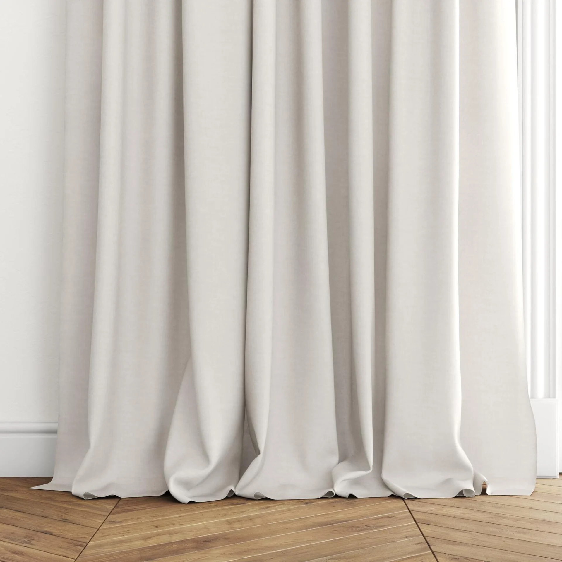 Bottom view of Arcadia Limestone, puddled with pinch pleat, on curtain rod
