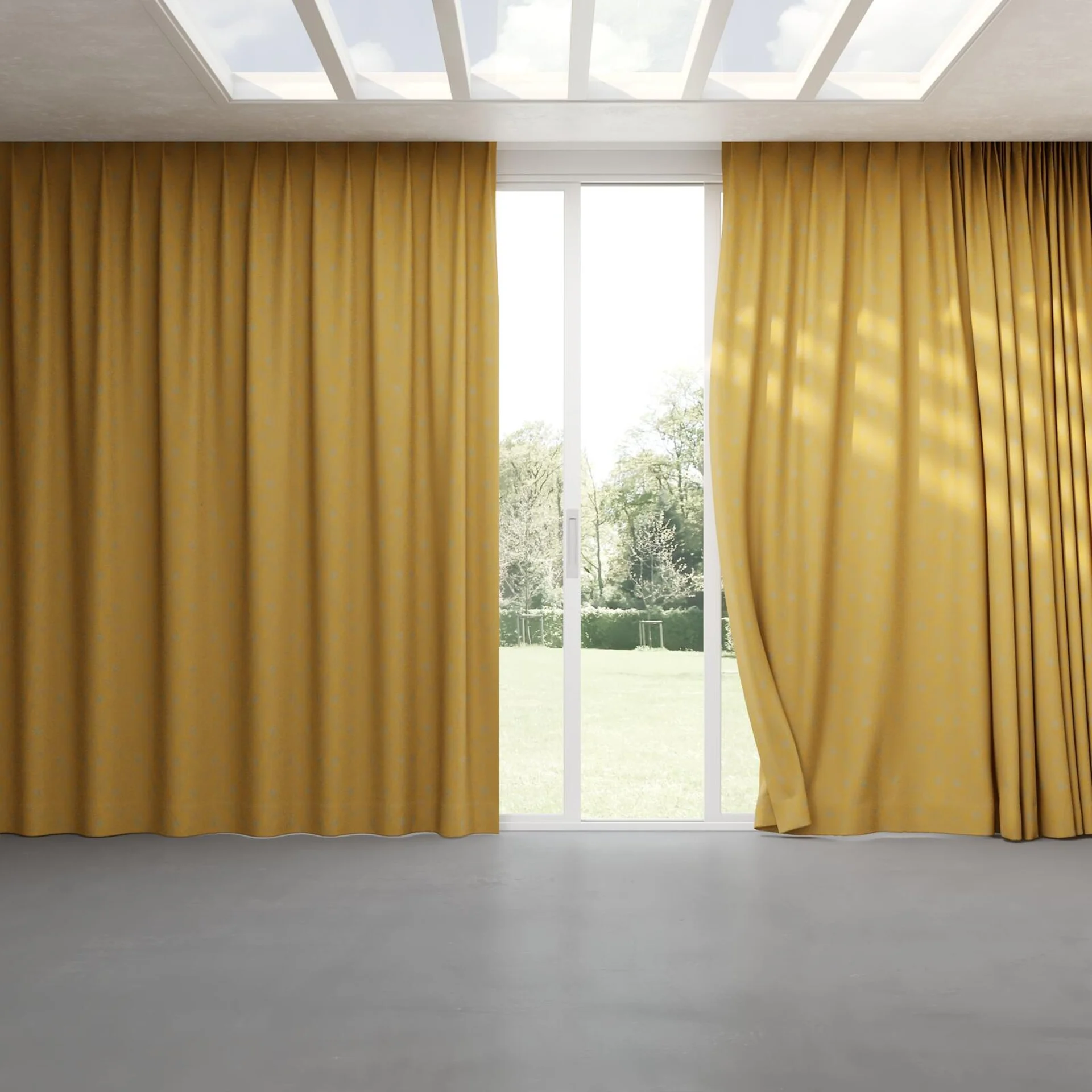 Full view of Juniper Gold, pinch pleat