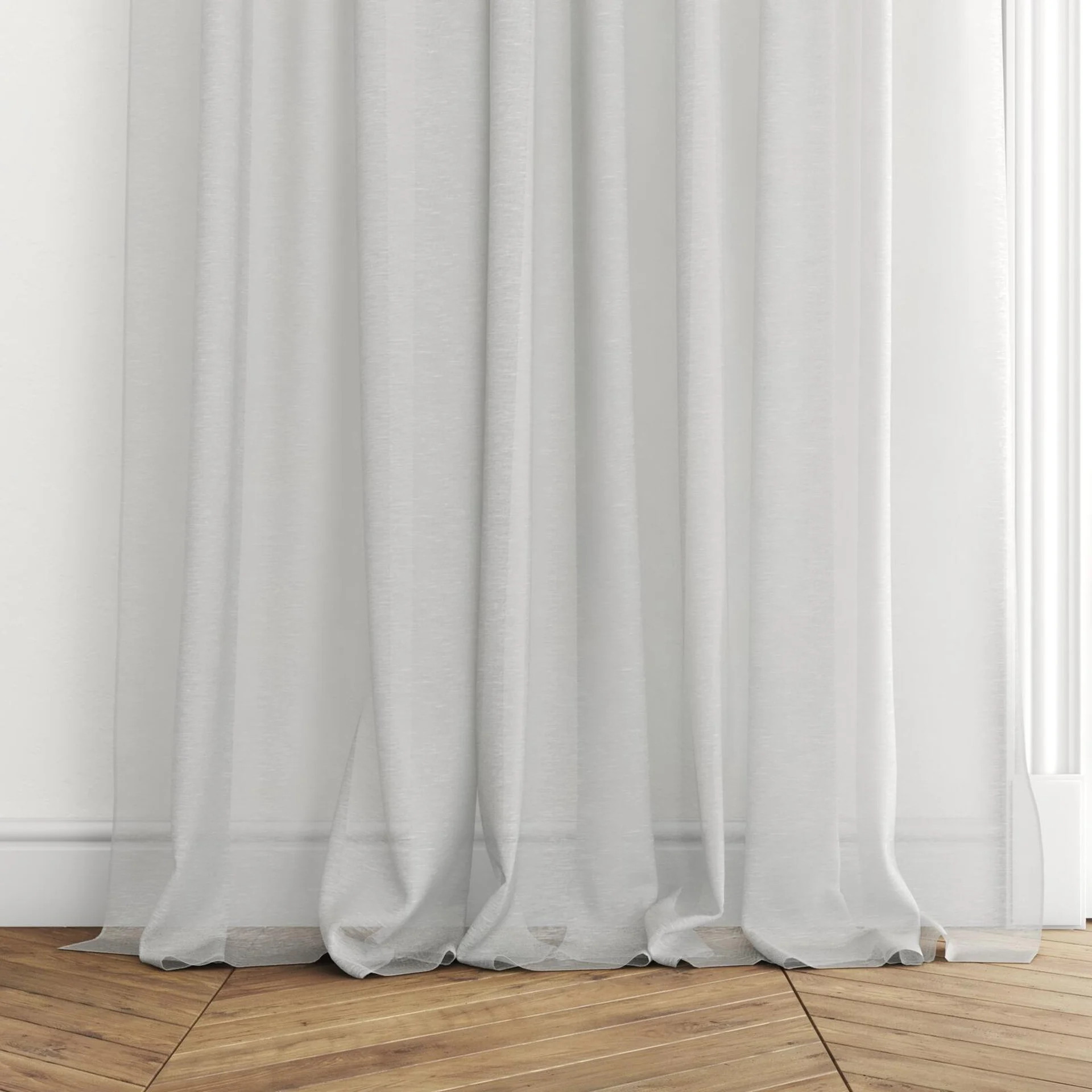 Bottom view of Locomotion Frost, puddled with pinch pleat, on curtain rod