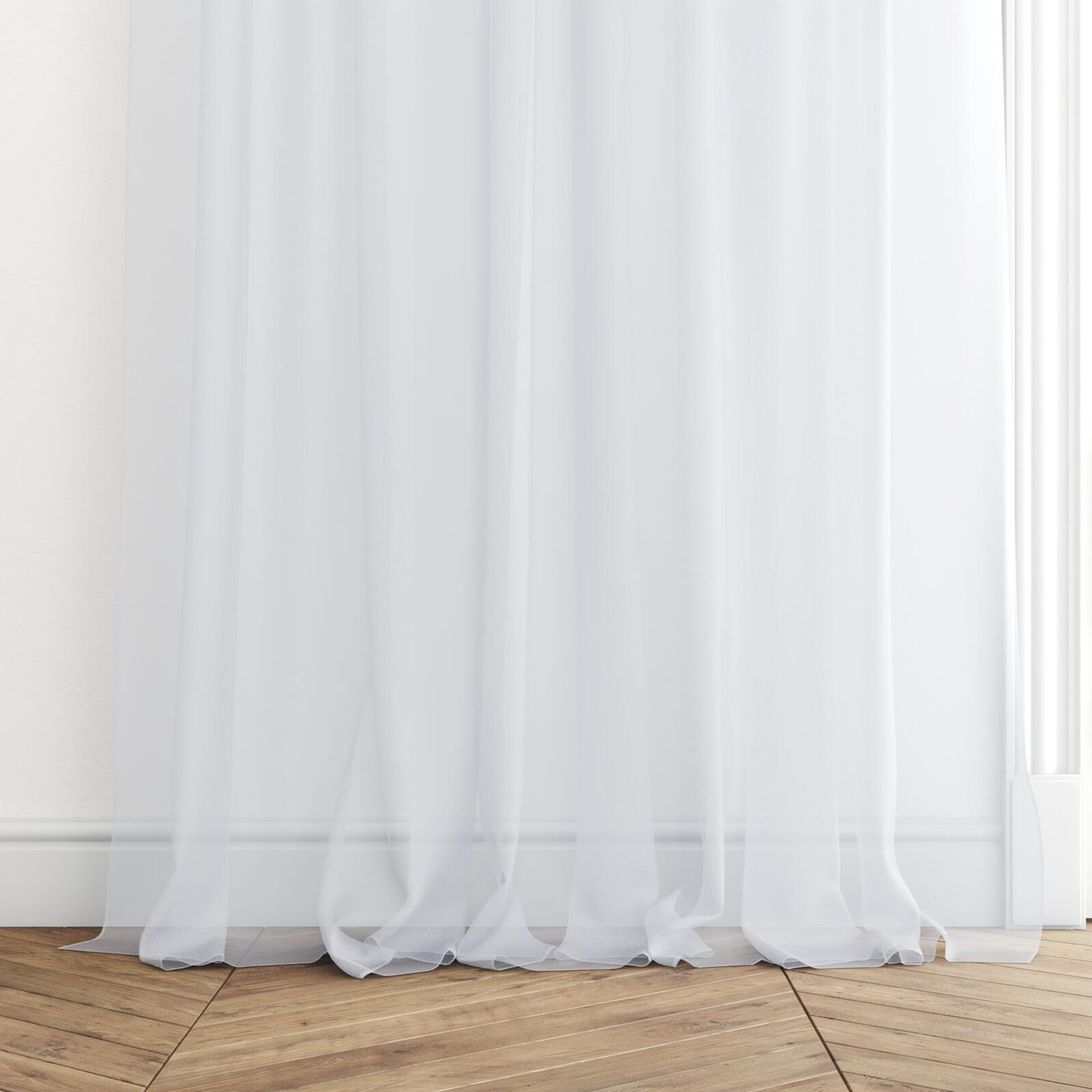 Bottom view of Xo Mist, puddled with pinch pleat, on curtain rod